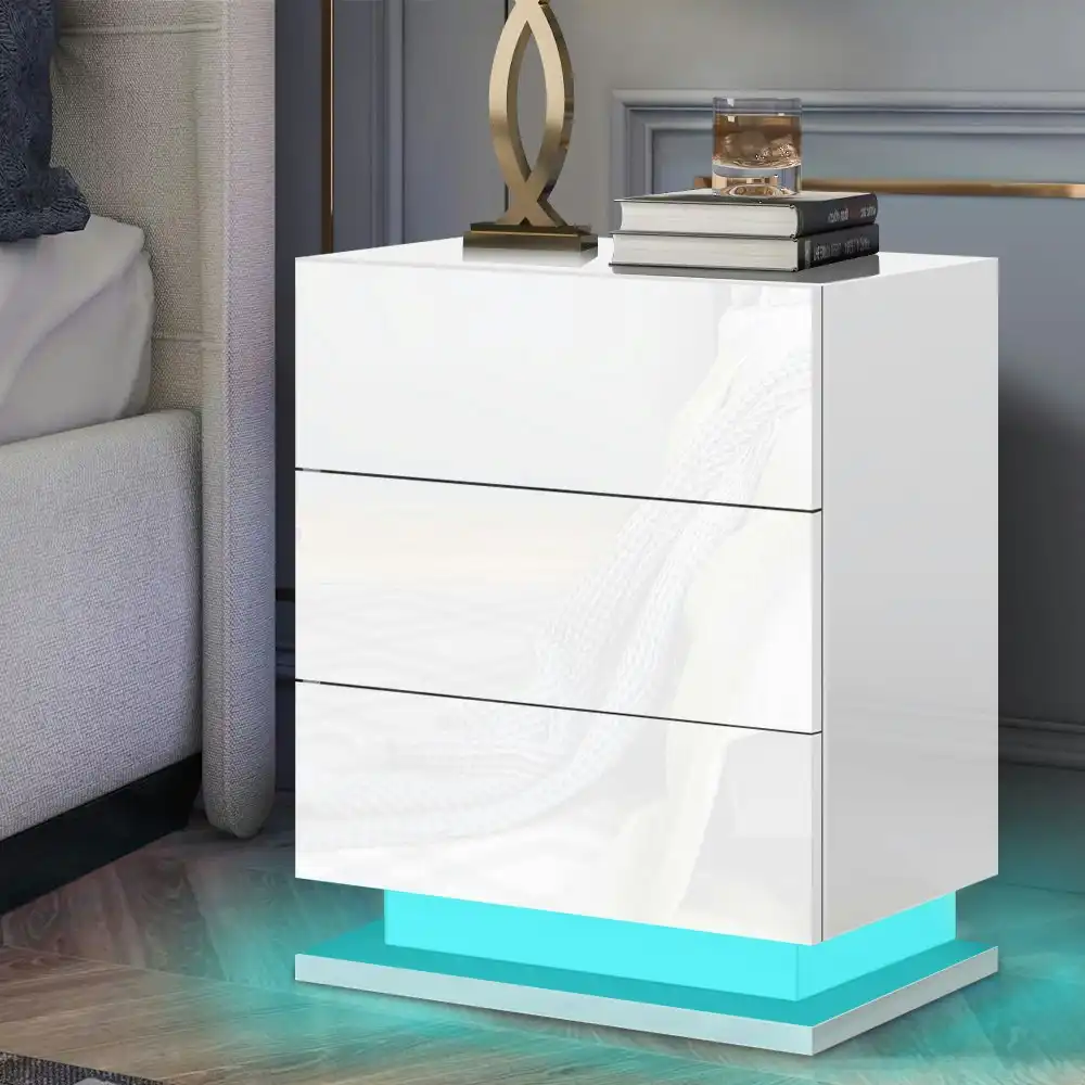Alfordson Bedside Table RGB LED Nightstand 3 Drawers High Gloss White