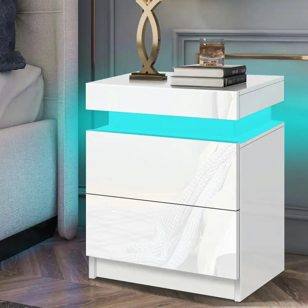 Alfordson Bedside Table RGB LED Nightstand High Gloss 2 Drawers White