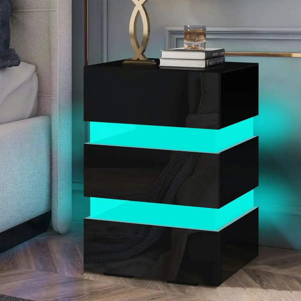 Alfordson Bedside Table RGB LED Nightstand 3 Drawers Black