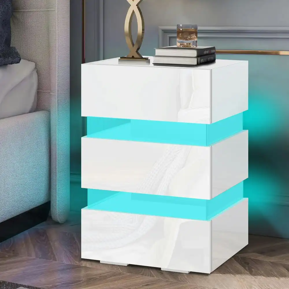 Alfordson Bedside Table RGB LED Nightstand 3 Drawers White
