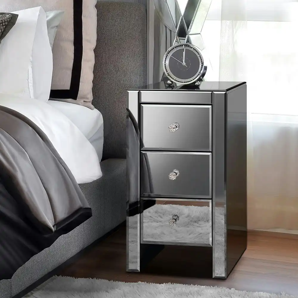 Alfordson Mirrored Bedside Table 3 Drawers Nightstand Grey