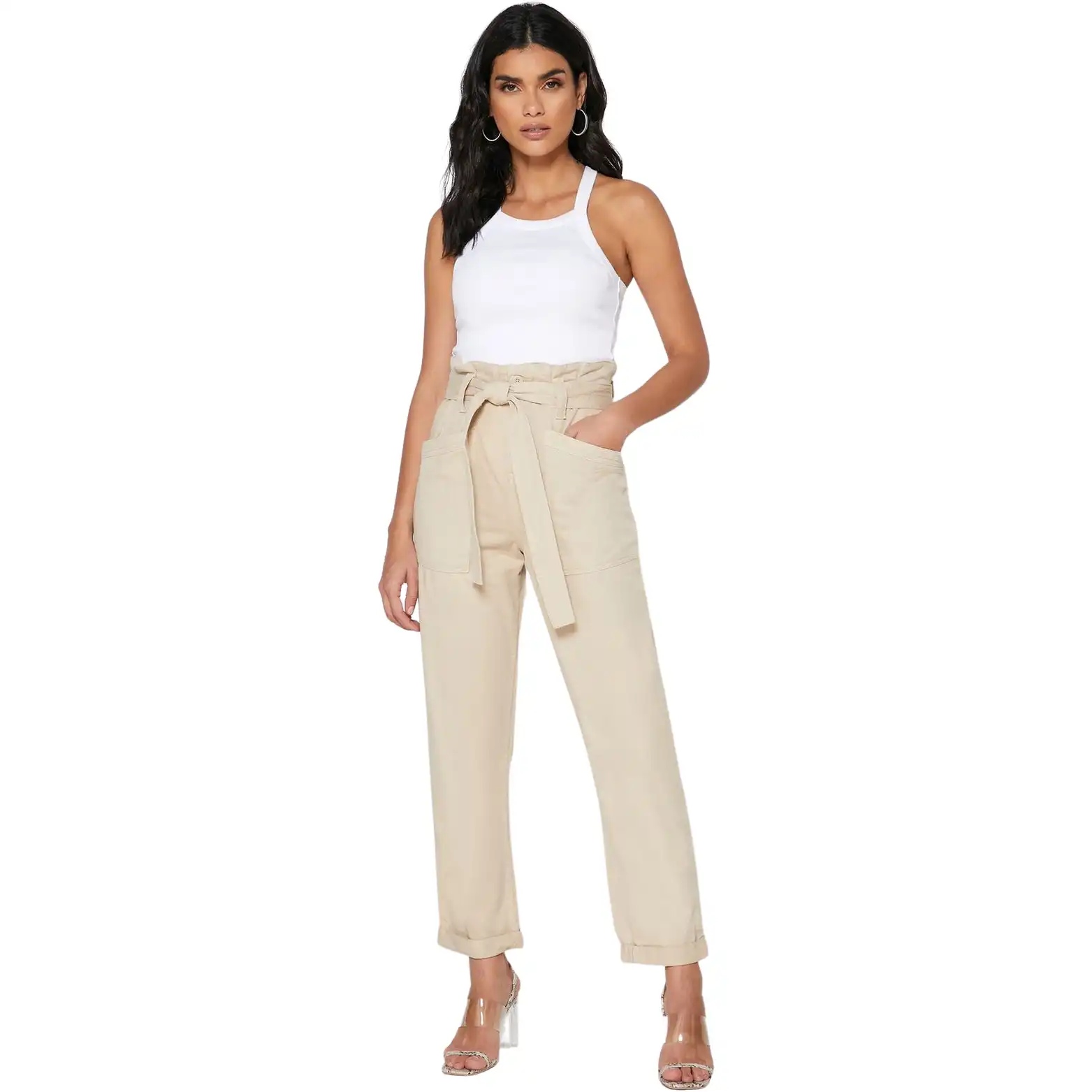 Topshop Women's Paperbag Trousers - Taupe/Beige