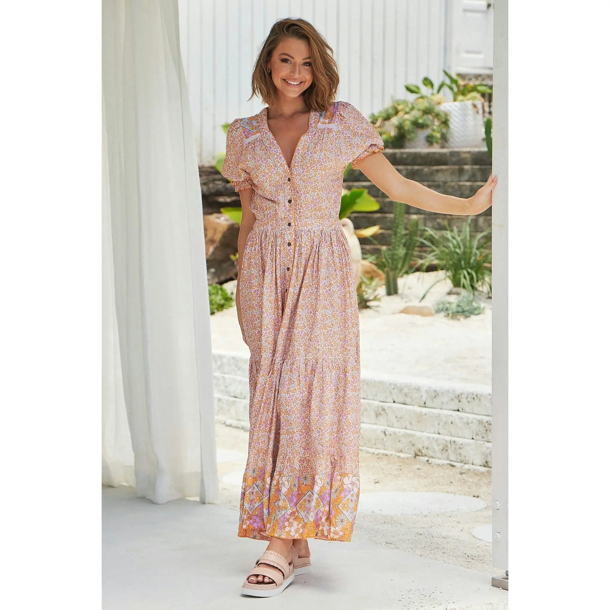 Jaase Forget Me Not Print Jean Maxi Dress