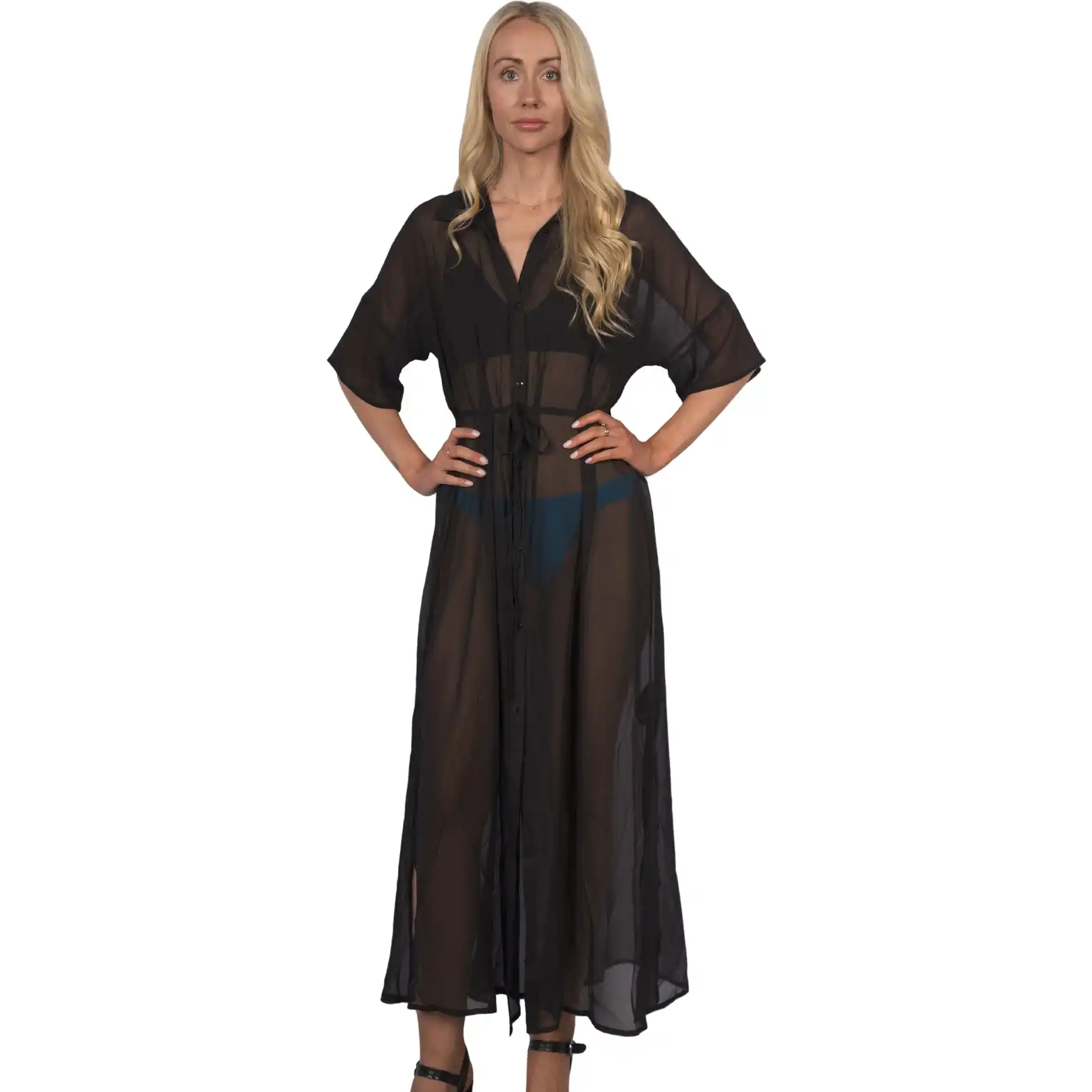 Topshop Women's Maxi Sheer Beach Shirt Dress - Black