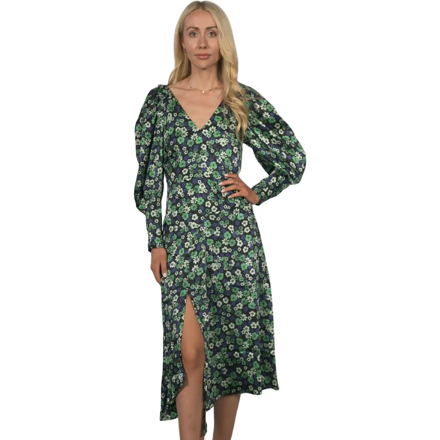 Topshop Women's Longsleeve Satin Floral Print Midi Dress - Green