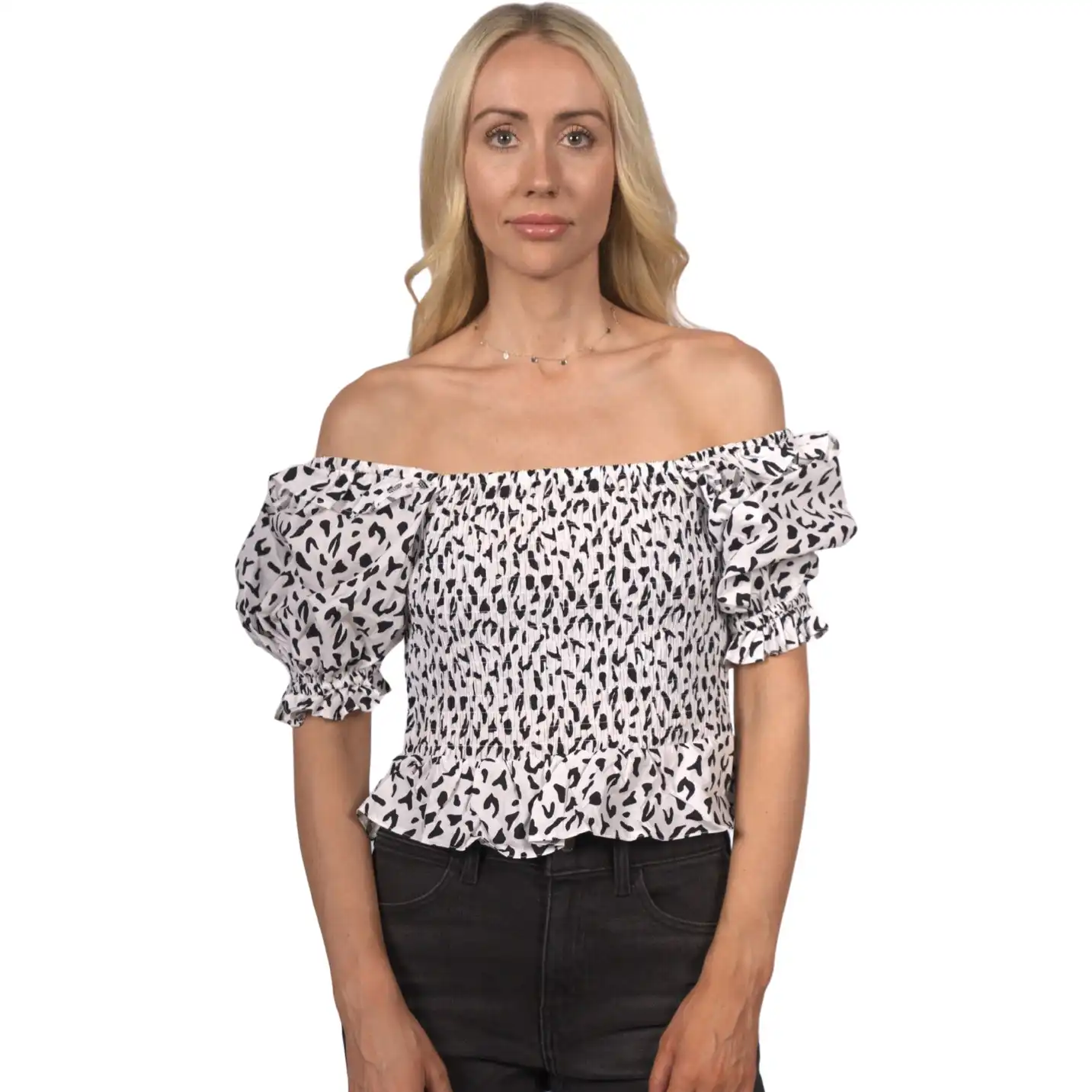 Topshop Women's Animal Frill Sleeve Blouse - Monochrome