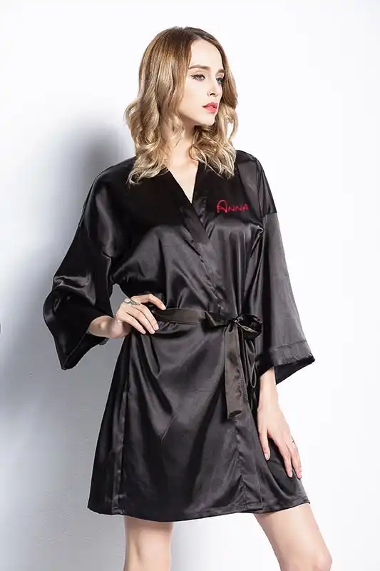 Satin Kimono Robe in Black