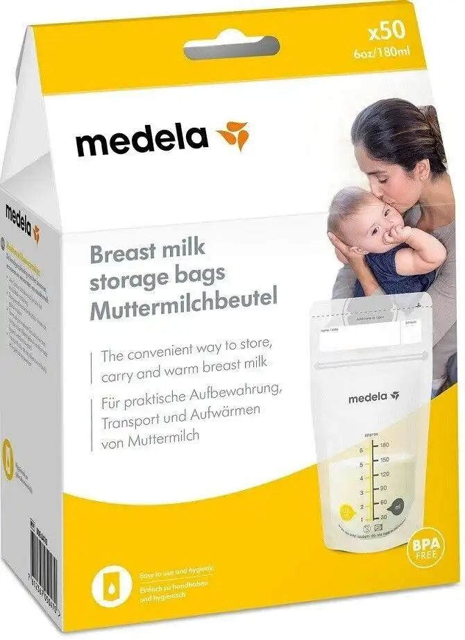 Medela Breast Milk Storage Bags 180 ml  Pk X 50 Bags Freezer Safe-Resealable