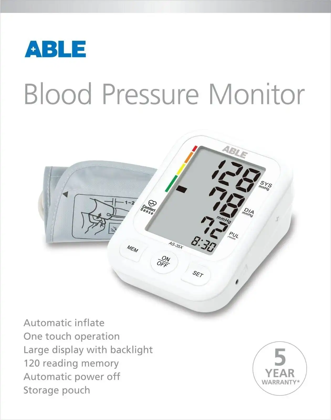 Able Blood Pressure Monitor-Automatic Inflate-Large Display