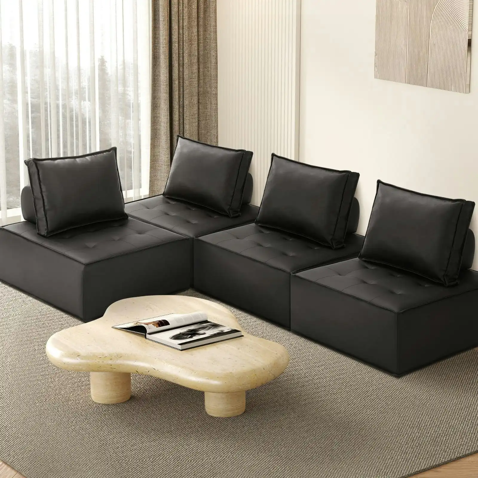 Oikiture 4PC Modular Sofa Lounge Chair Armless TOFU Back PU Leather Black