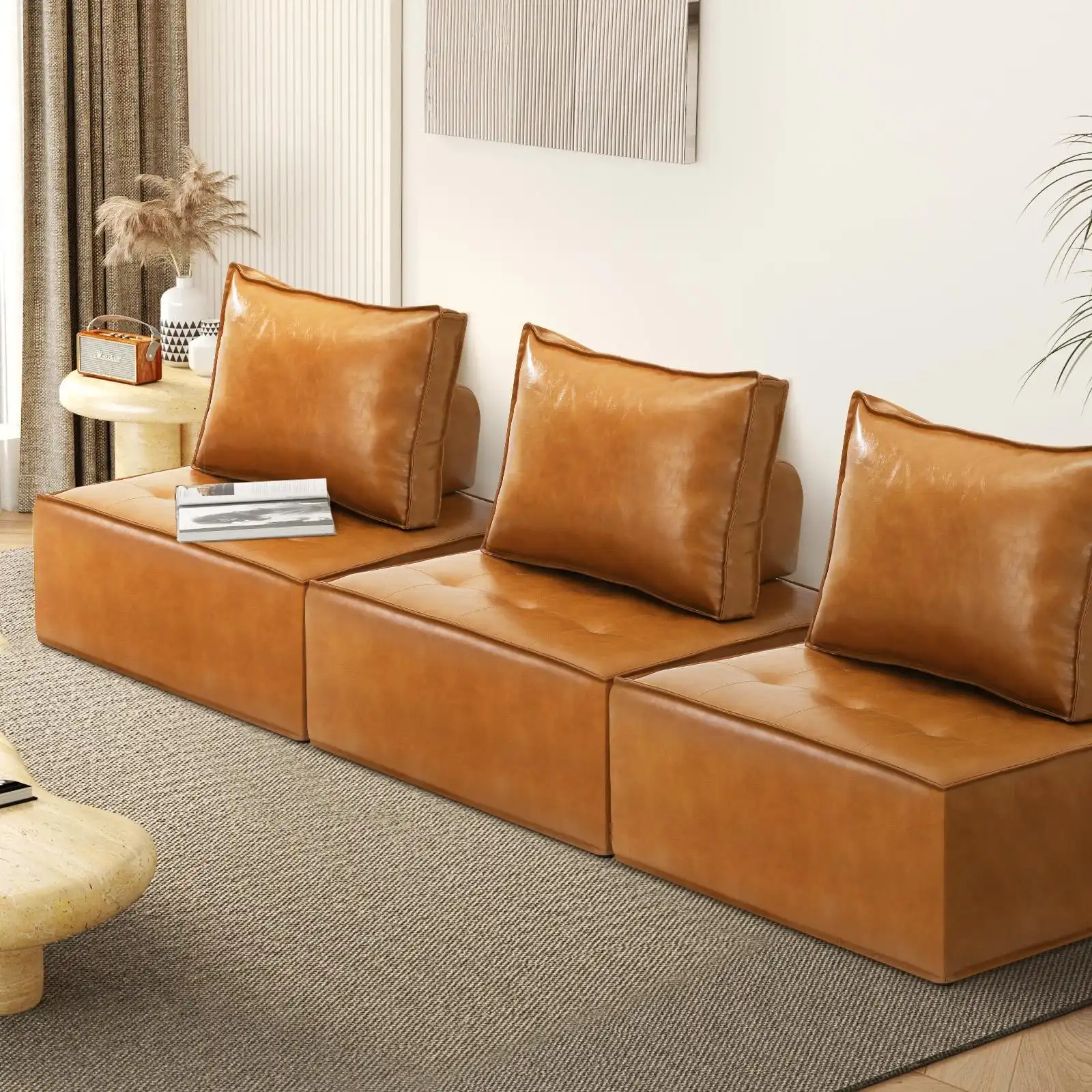Oikiture 3PC Modular Sofa Lounge Chair Armless TOFU Back PU Leather Brown