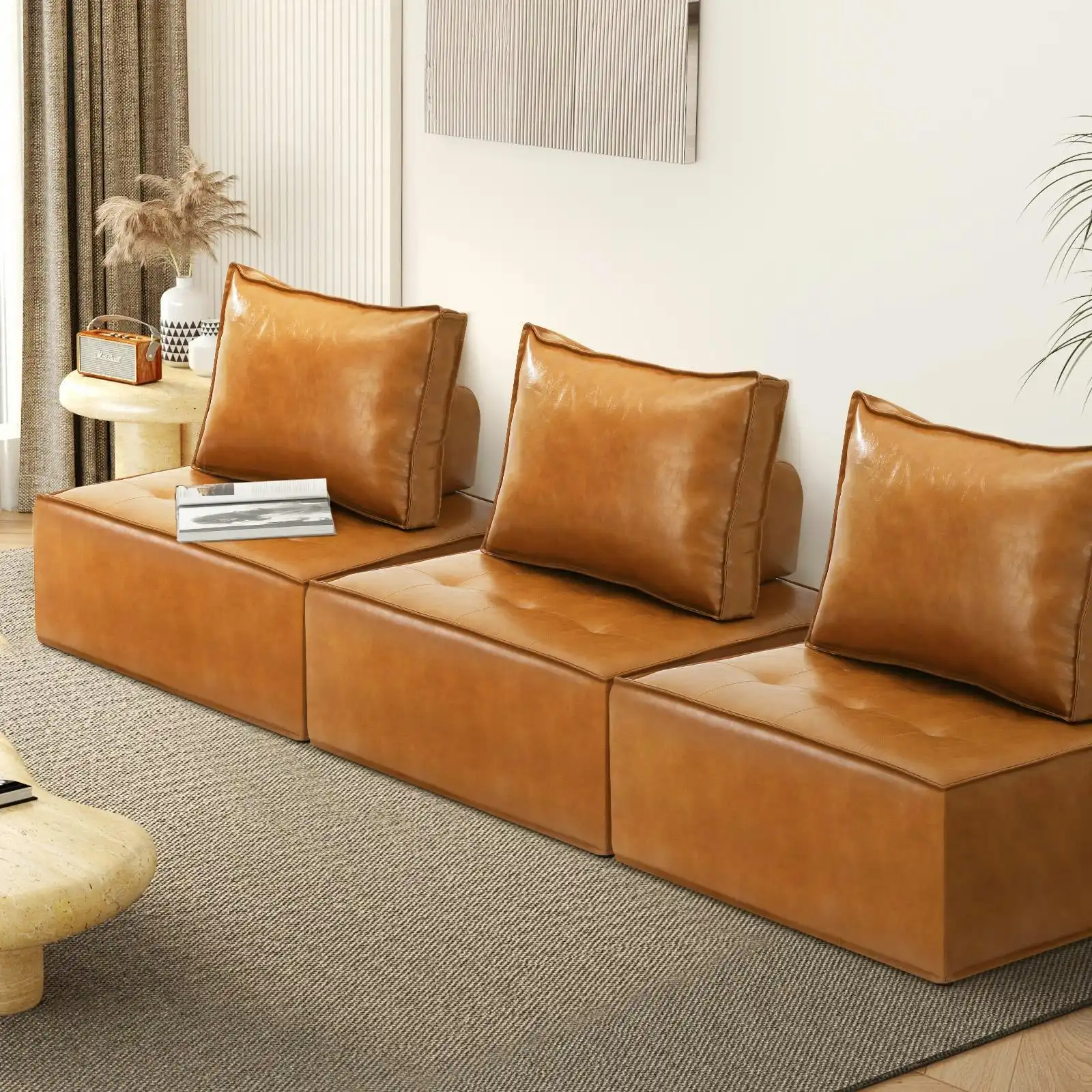 Oikiture 3PC Modular Sofa Lounge Chair Armless TOFU Back PU Leather Brown