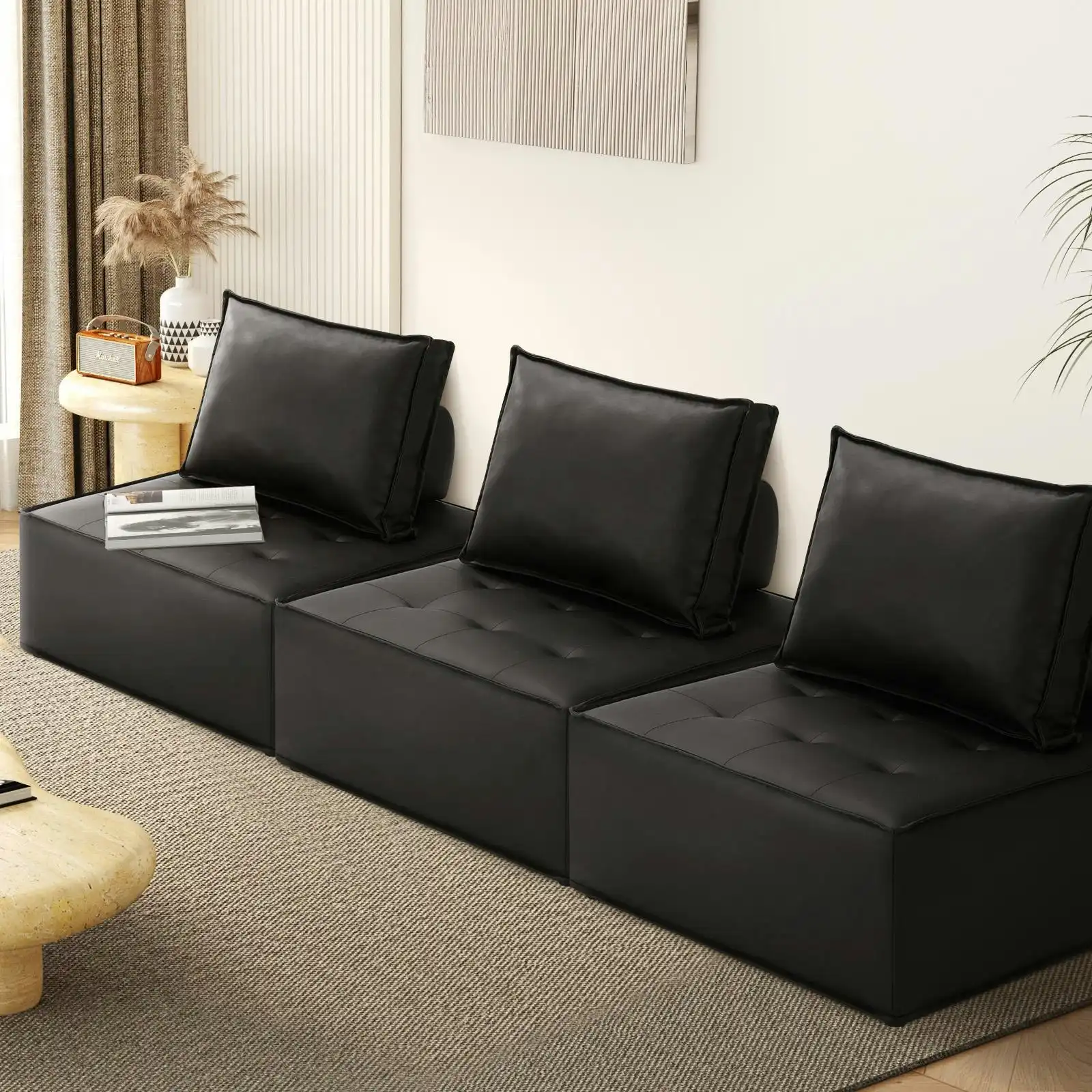 Oikiture 3PC Modular Sofa Lounge Chair Armless TOFU Back PU Leather Black
