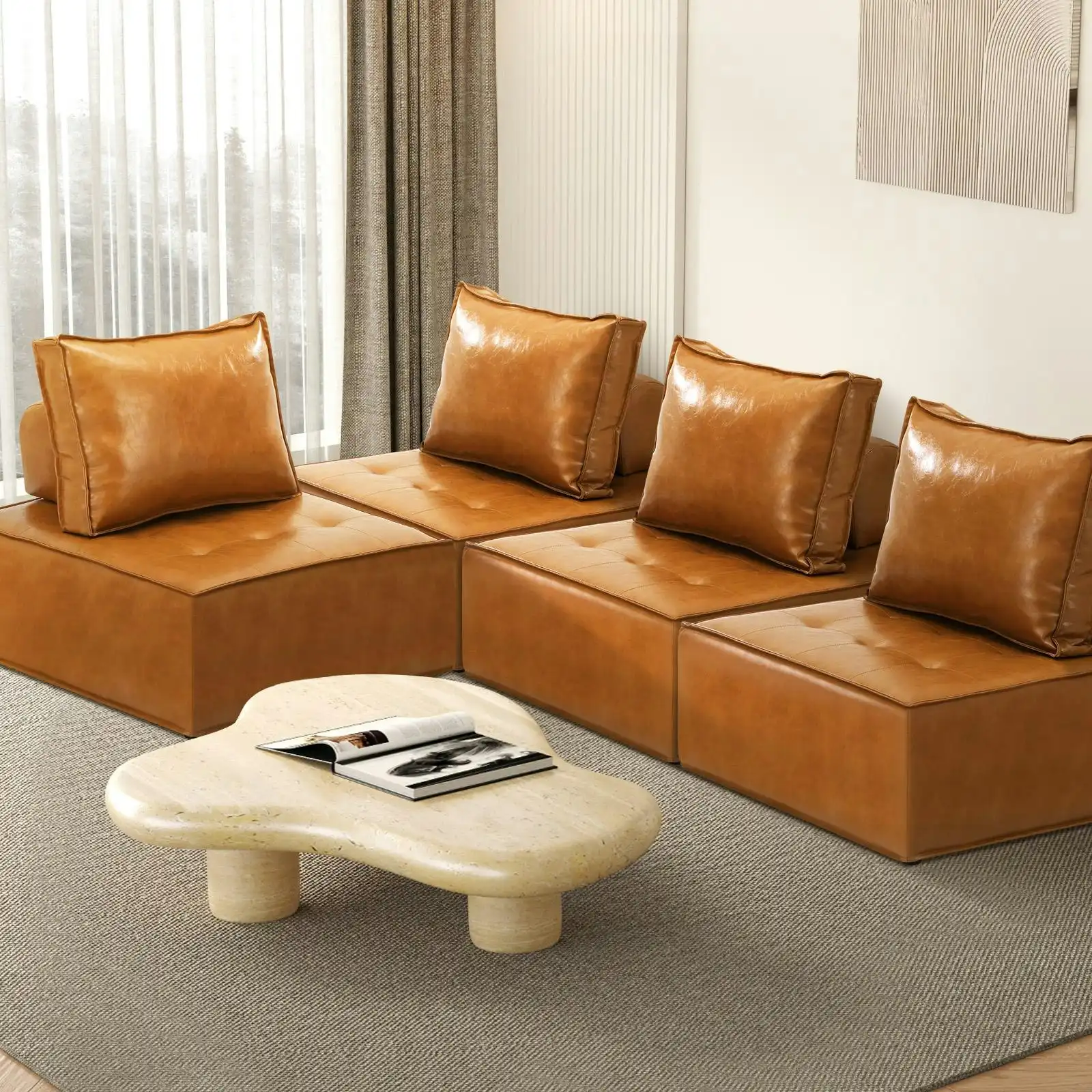 Oikiture 4PC Modular Sofa Lounge Chair Armless TOFU Back PU Leather Brown