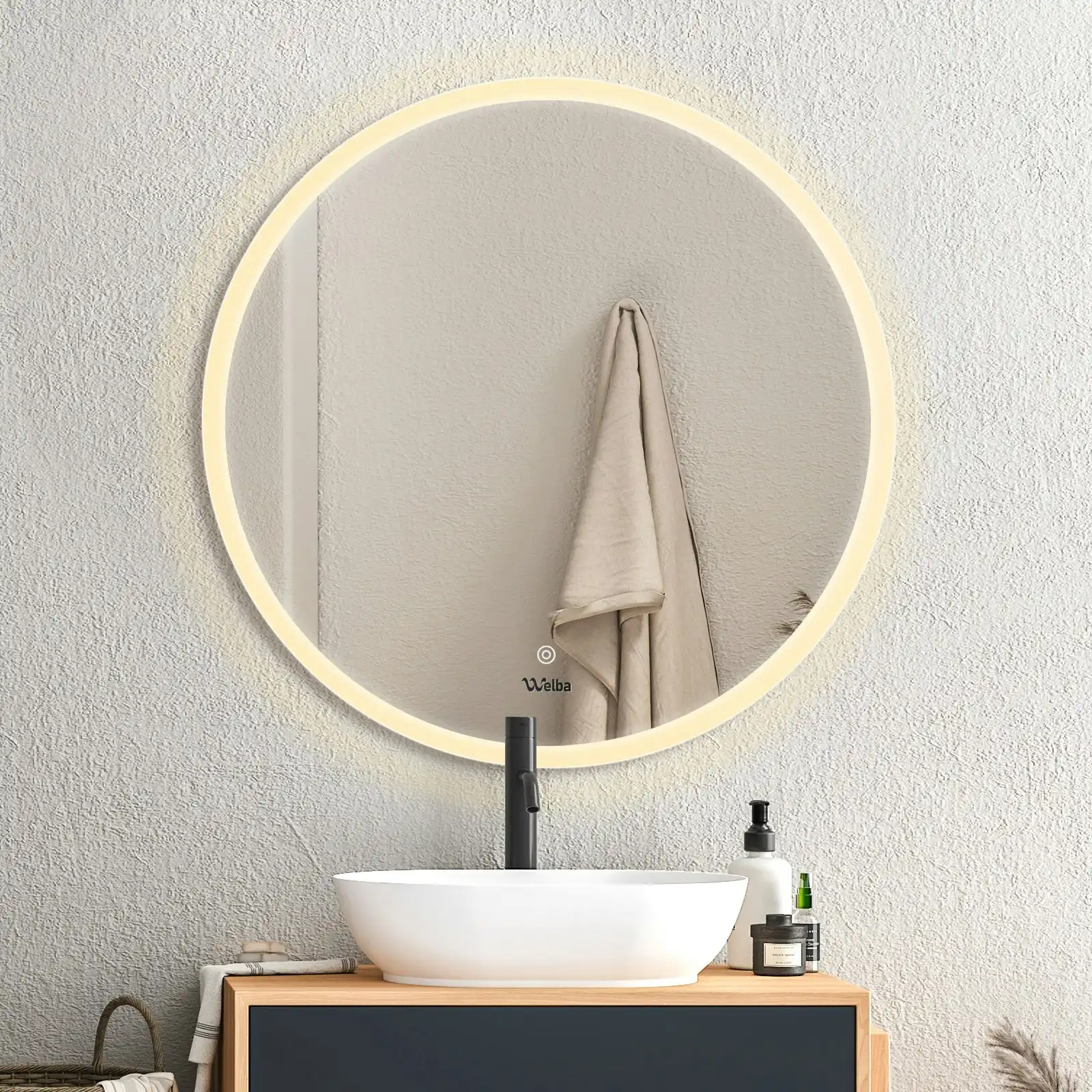 Welba 80cm LED Round Bathroom Mirror Anti-fog Makeup Wall Mirrors with Light