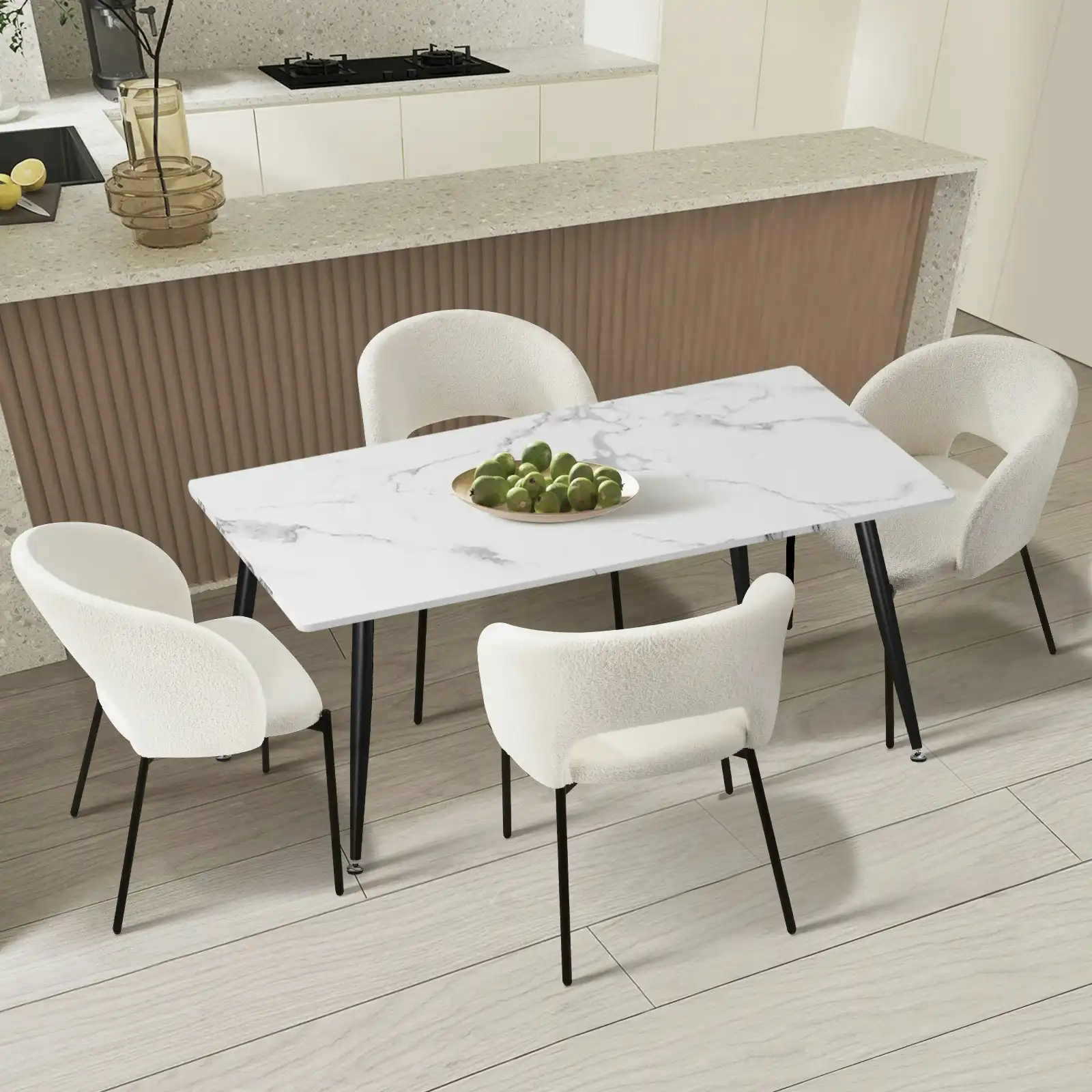 Oikiture 5PCS Dining sets 120cm Rectangle Table with 4PCS Chairs Sherpa White