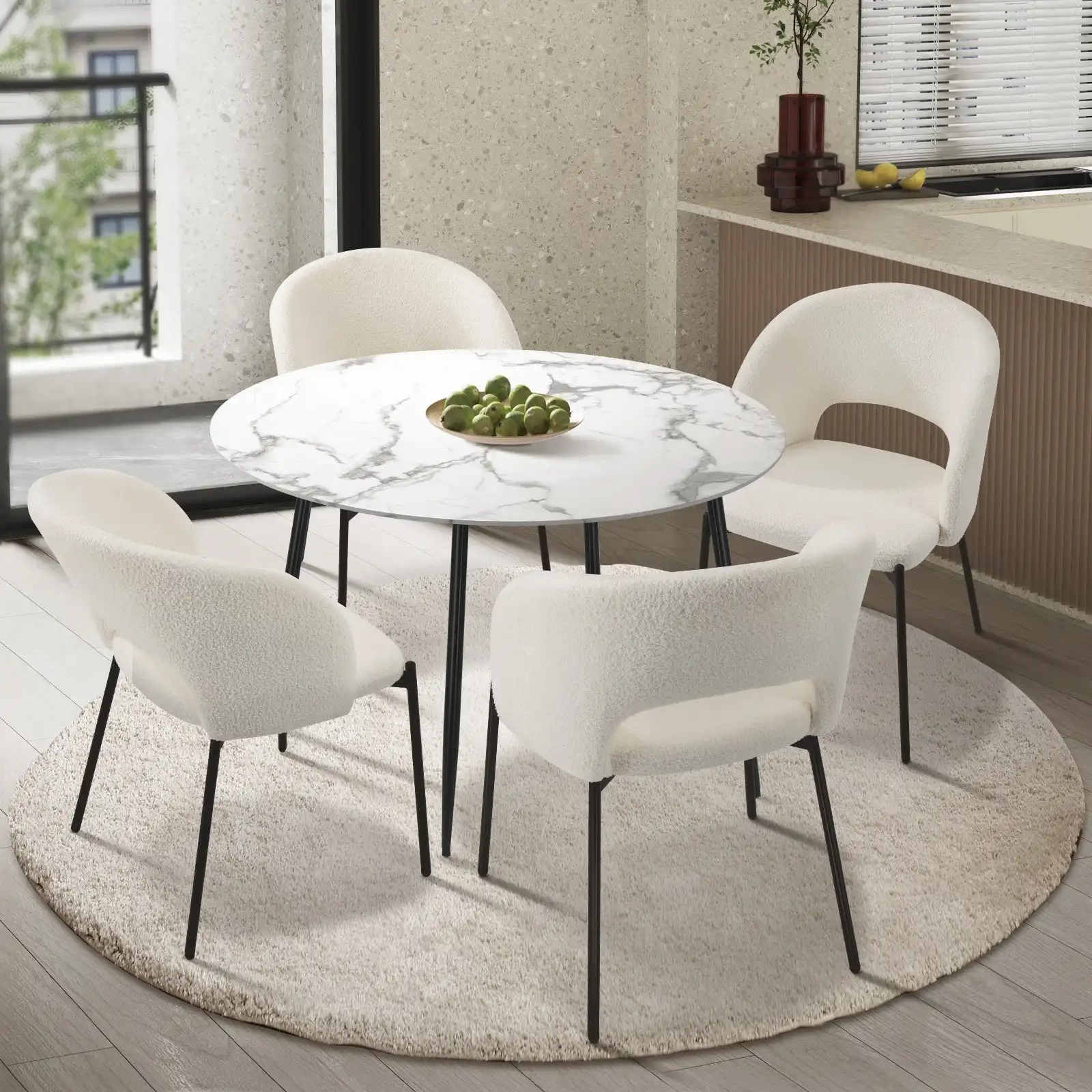 Oikiture 5PCS Dining sets 110cm Round Table with 4PCS Chairs Sherpa White
