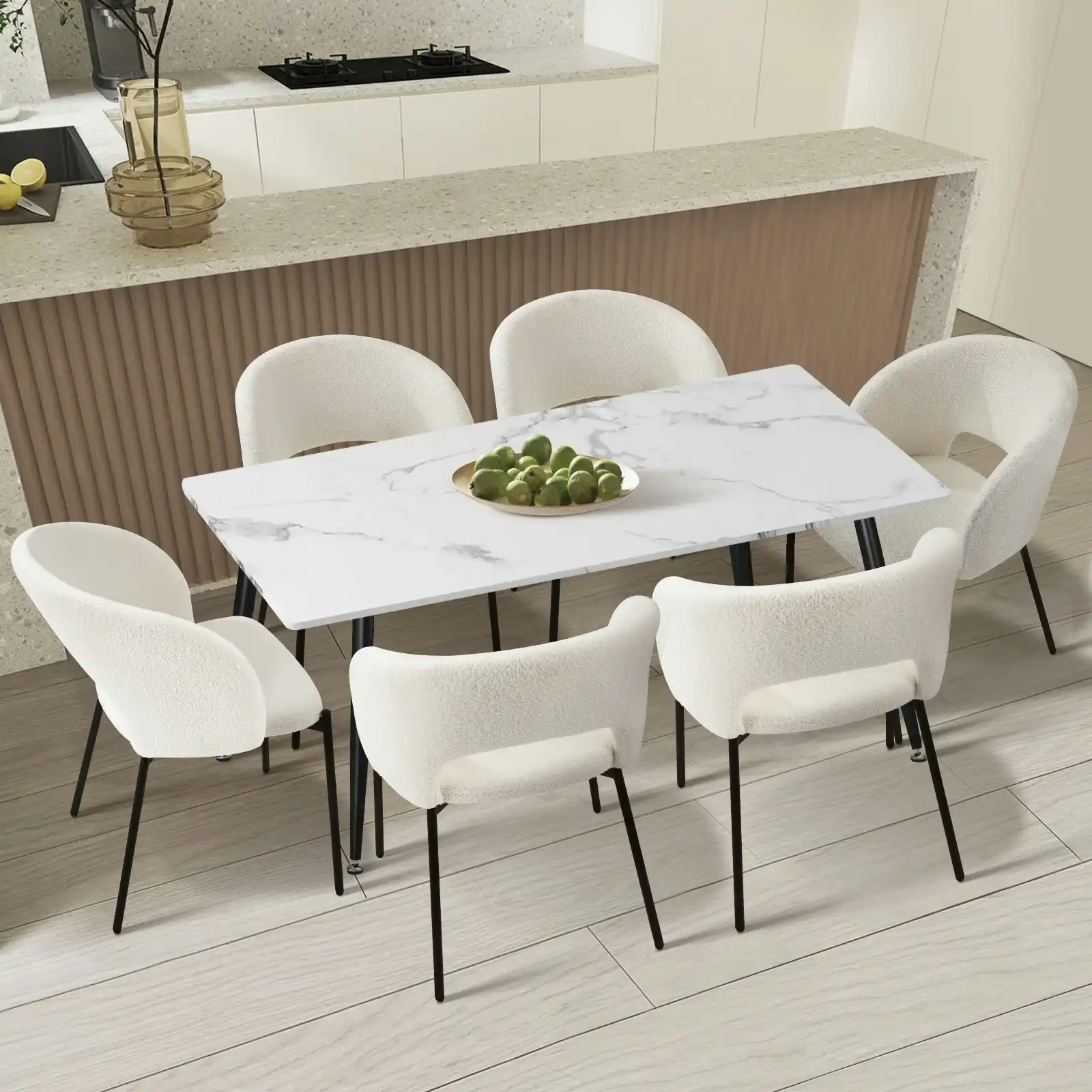 Oikiture 7PCS Dining sets 120cm Rectangle Table with 6PCS Chairs Sherpa White