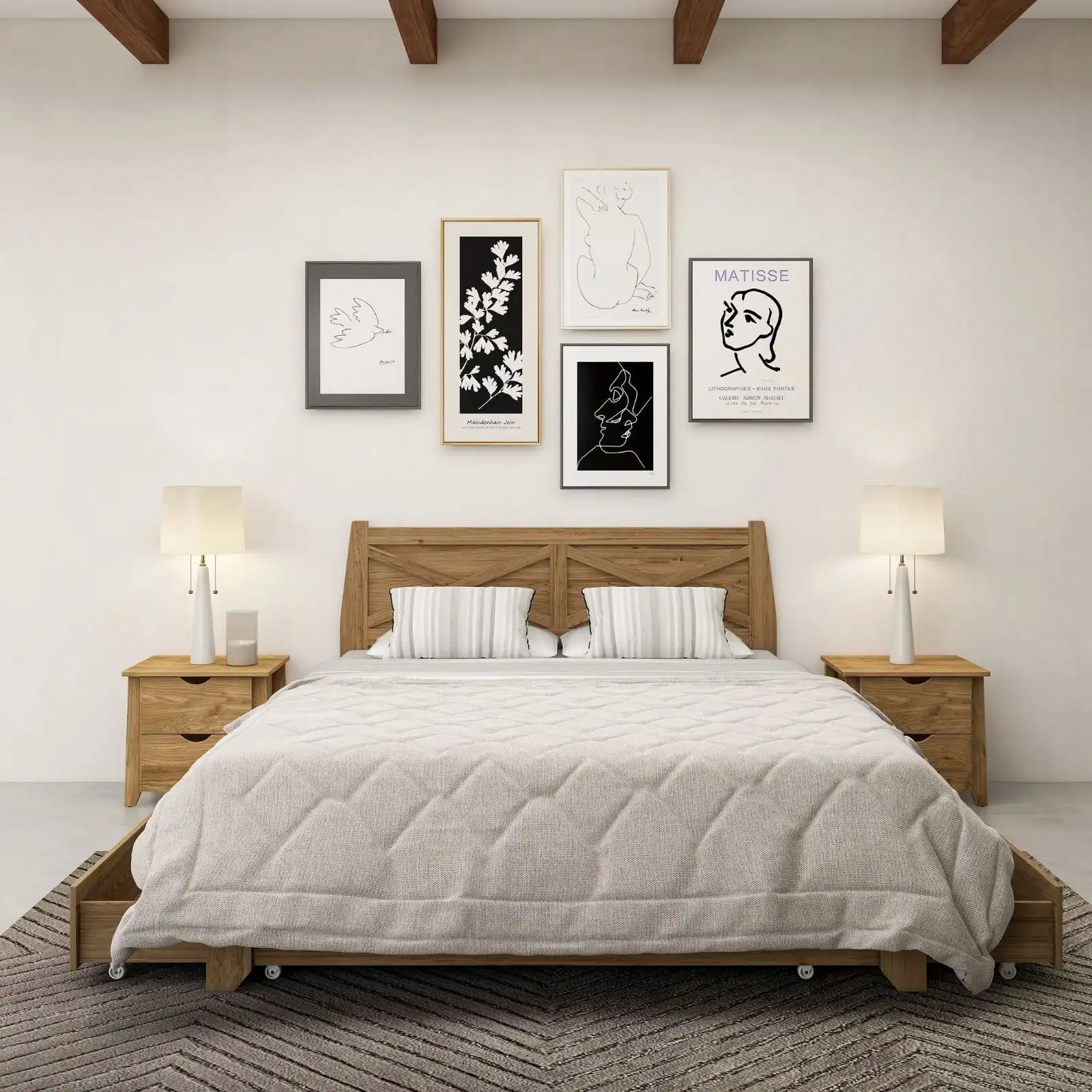 Mica Natural Wooden Bed Frame with Storage Drawers