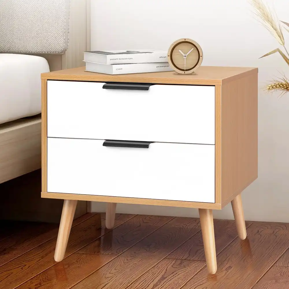 Alfordson Bedside Table Nightstand Storage Cabinet Scandinavian White & Wood