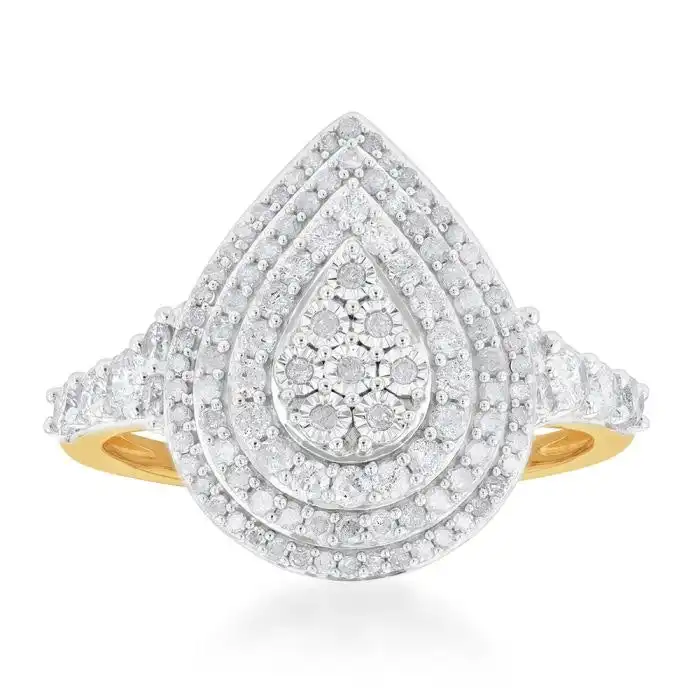 1 Carat Diamond Pear Shaped Cluster Ring Set in Sterling Silver and 9ct Yellow Gold