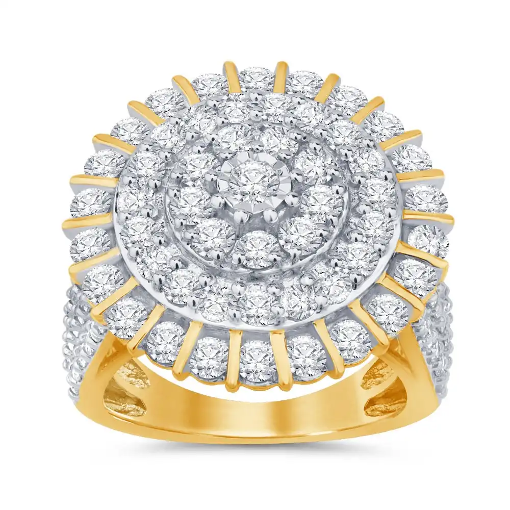 9ct Yellow Gold 3 Carat Diamond Round Cluster Ring with Brilliant Diamonds