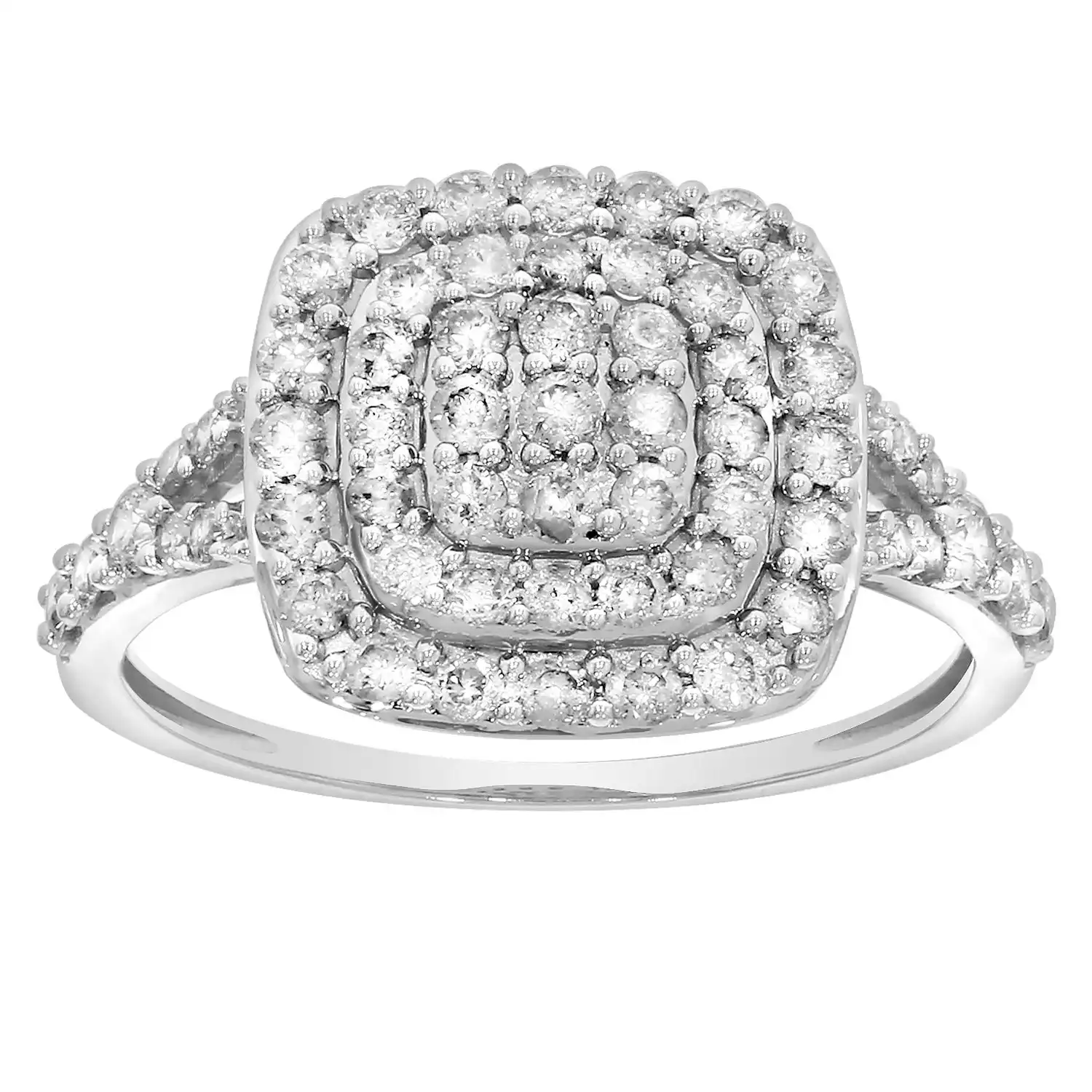 9ct White Gold 1 Carat Diamond Cushion Shape Cluster  Ring