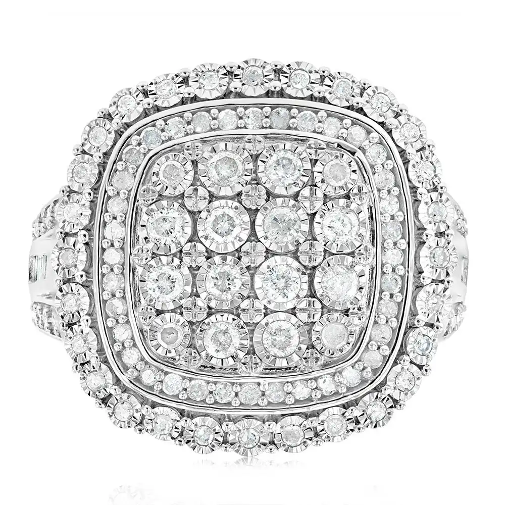 Sterling Silver 1 Carat Diamond Ring With 112 Brilliant & 22 Baguette Cut Diamonds