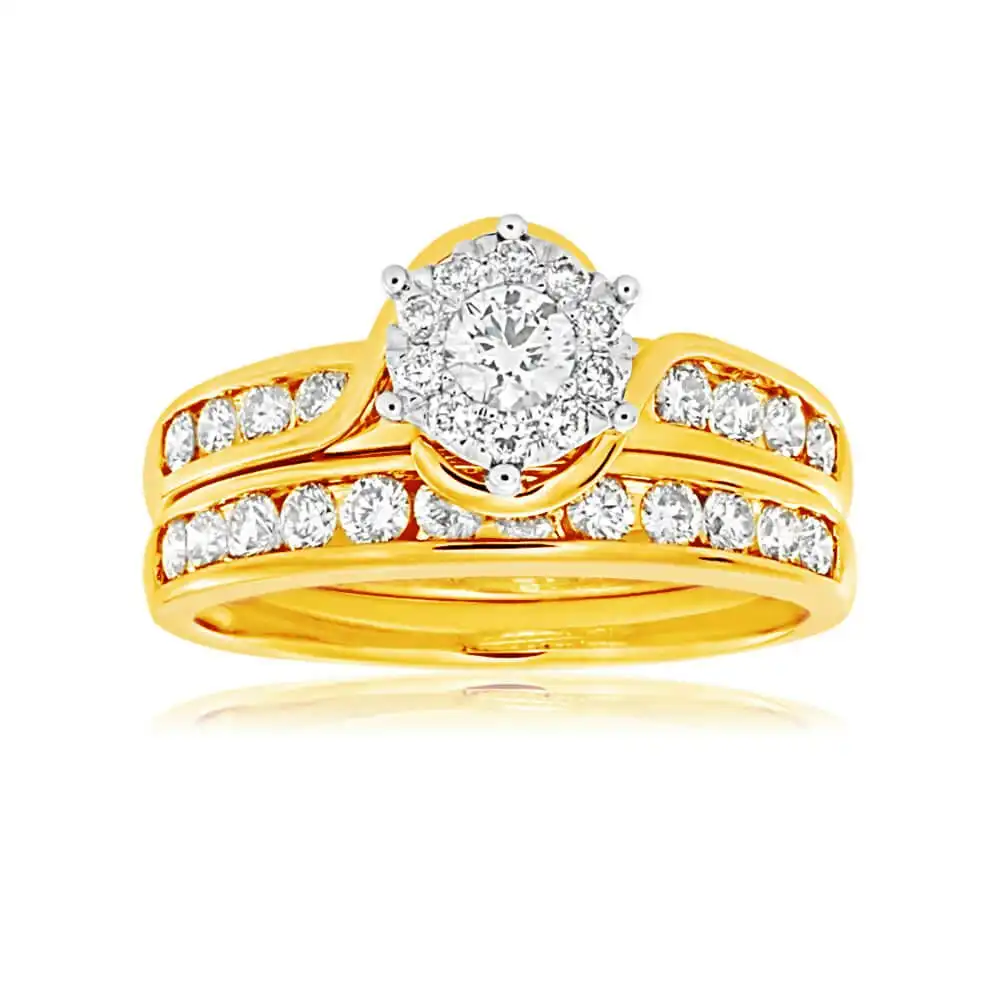 9ct Yellow Gold & White Gold 2 Ring Bridal Set with 1 Carat Of Diamonds