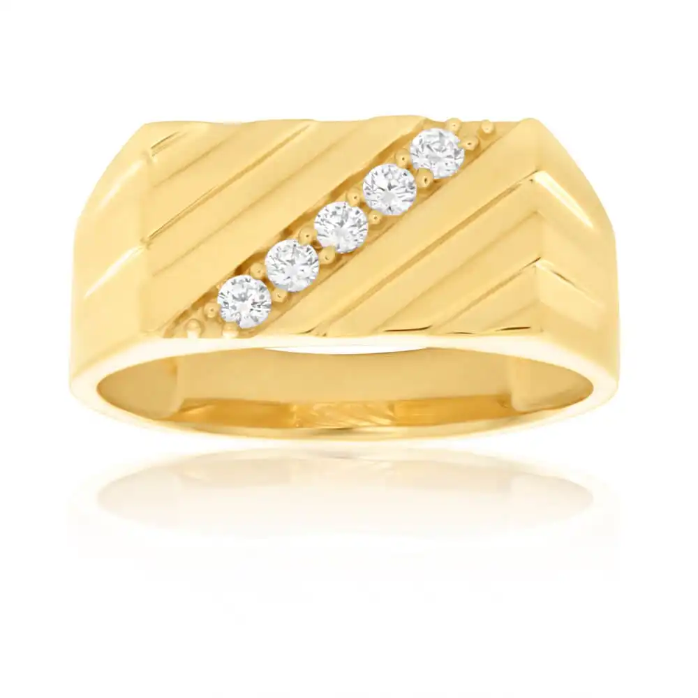 9ct Yellow Gold Diagonal Channel Set Cubic Zirconia Gents Ring