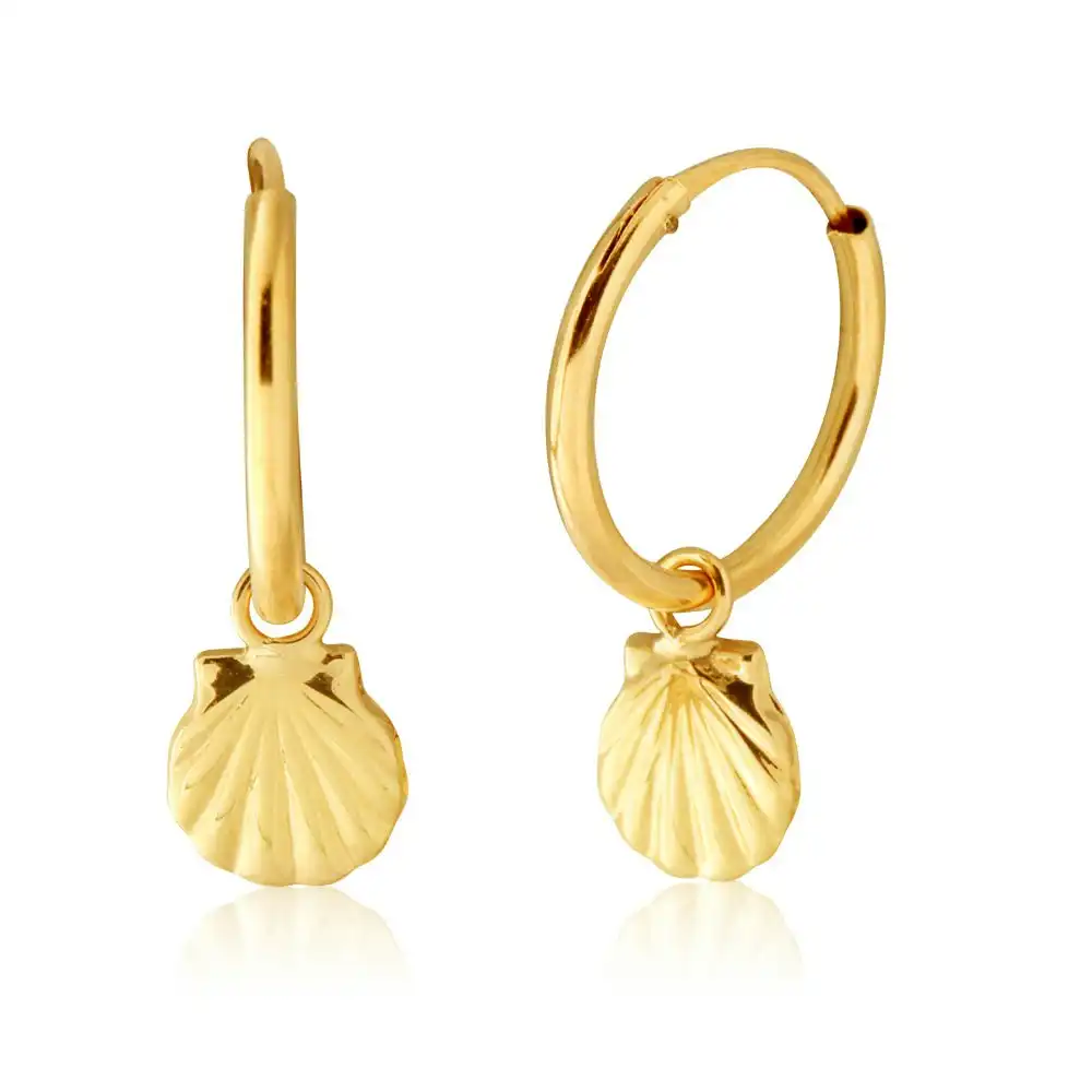 9ct Yellow Gold Scallop Shell Hinged Hoop Earrings