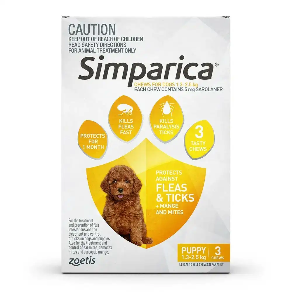 Simparica Yellow For Puppies (1.25-2.5kg) - 3 Pack, 6 Pack & 12 Pack