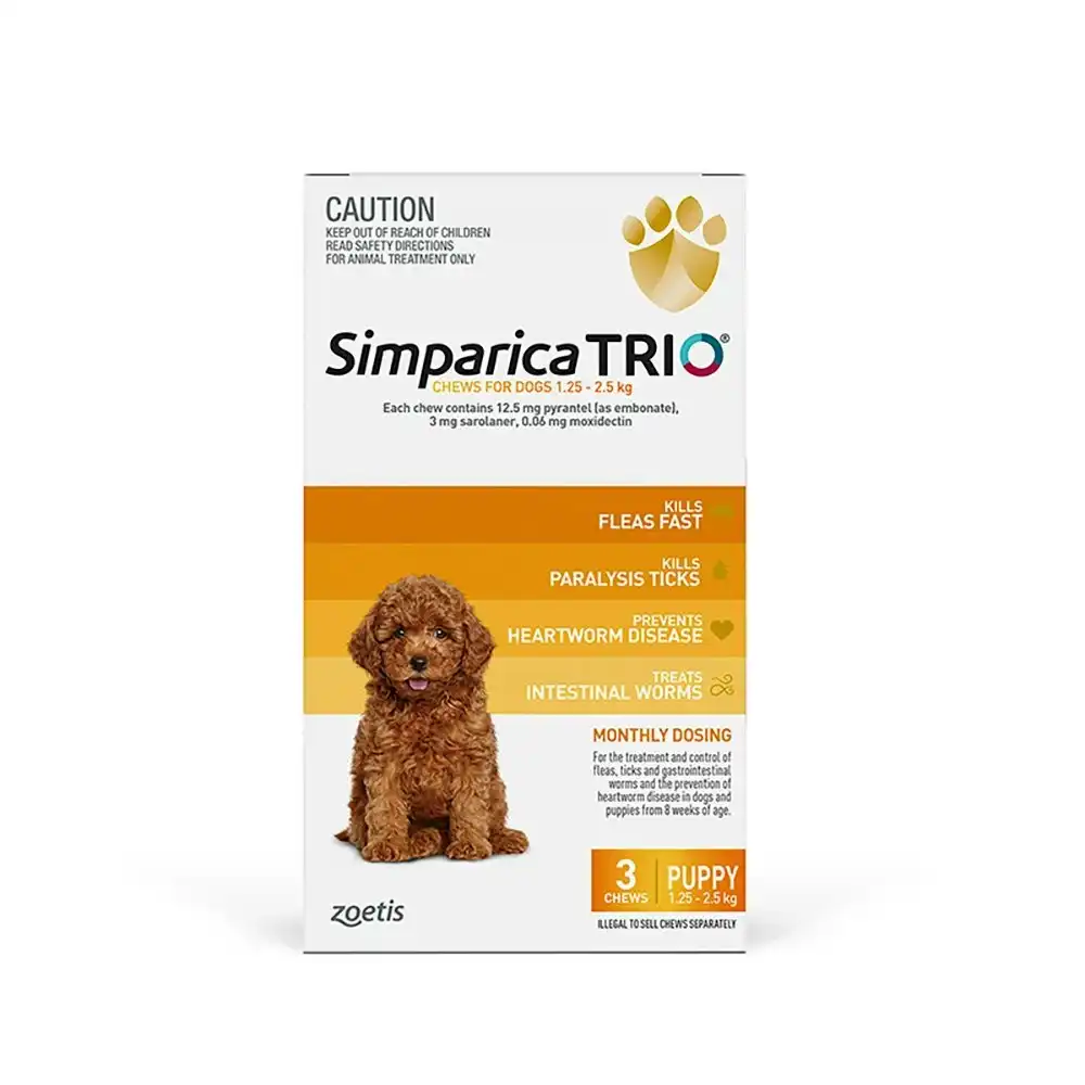 Simparica Trio Yellow For Puppies (1.3-2.5kg) - 3 Pack, 6 Pack & 12 Pack
