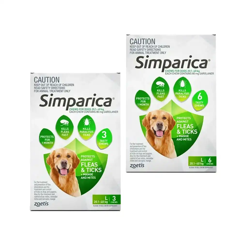 Simparica Green For Large Dogs (20.1-40kg) - 3 Pack, 6 Pack & 12 Pack