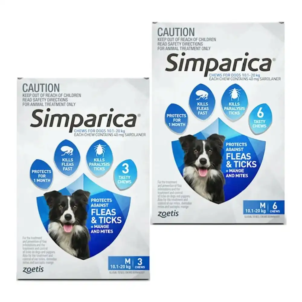 Simparica Blue For Medium Dogs (10.1-20kg) - 3 Pack, 6 Pack & 12 Pack