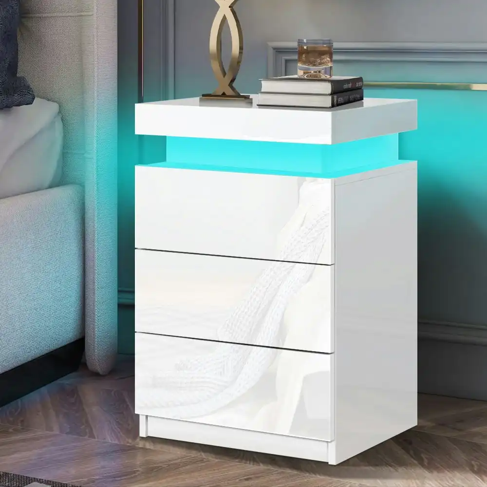 Alfordson Bedside Table RGB LED Nightstand High Gloss 3 Drawers White