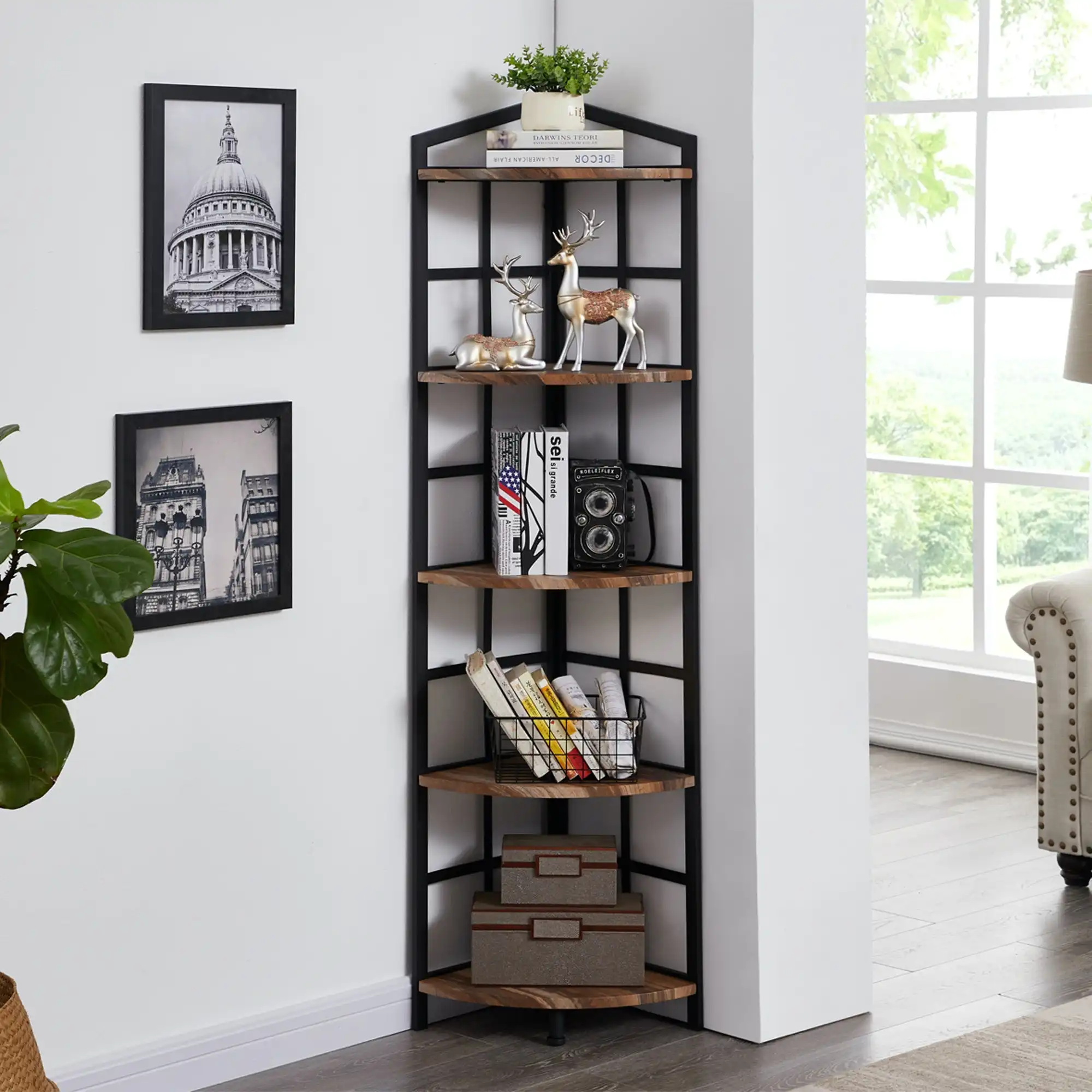 IHOMDEC 5 Tier Industrial Corner Bookshelf with Metal Frame Brown