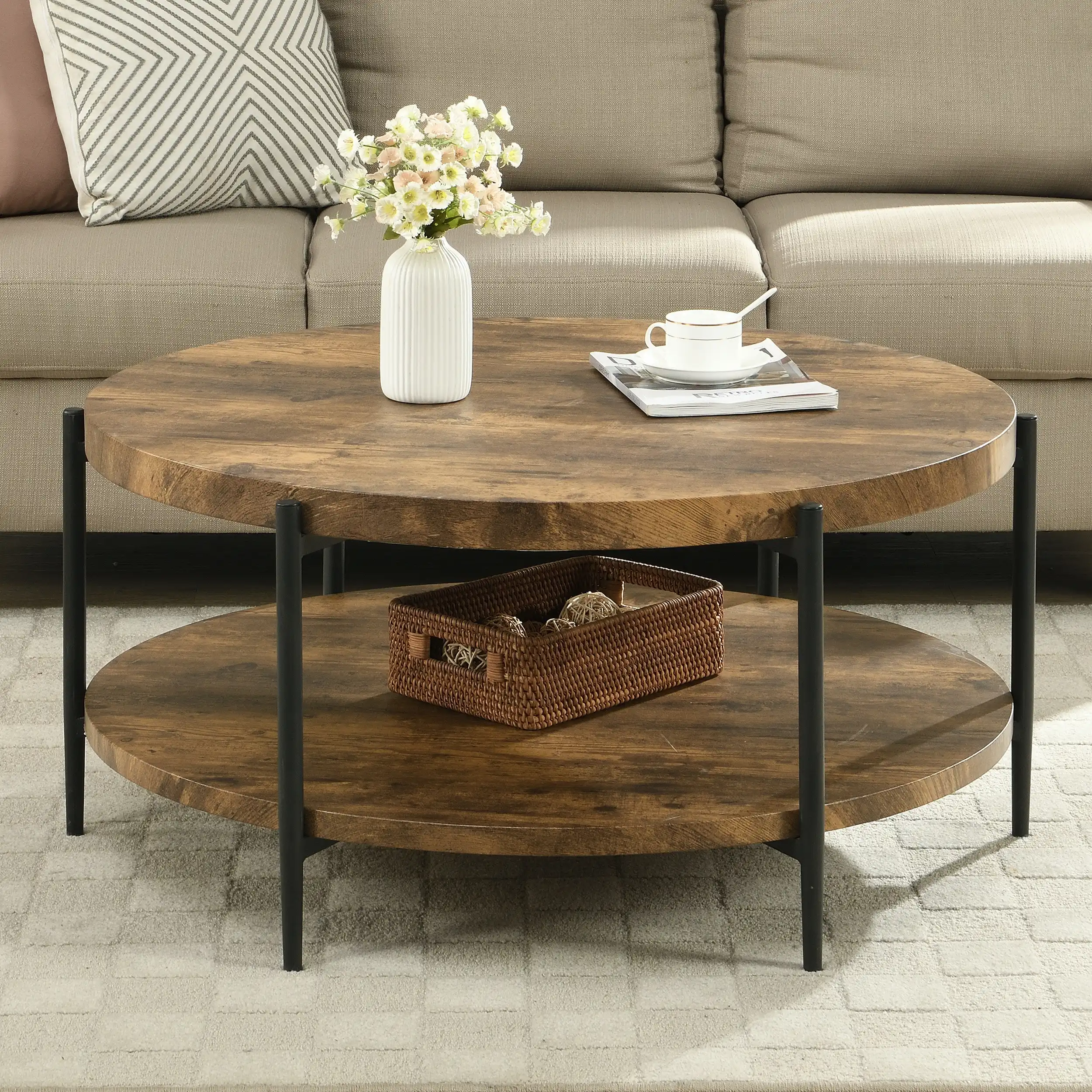 IHOMDEC 2-Tier Industrial Wooden Round Coffee Table with 6 metal legs Rustic Dark Brown