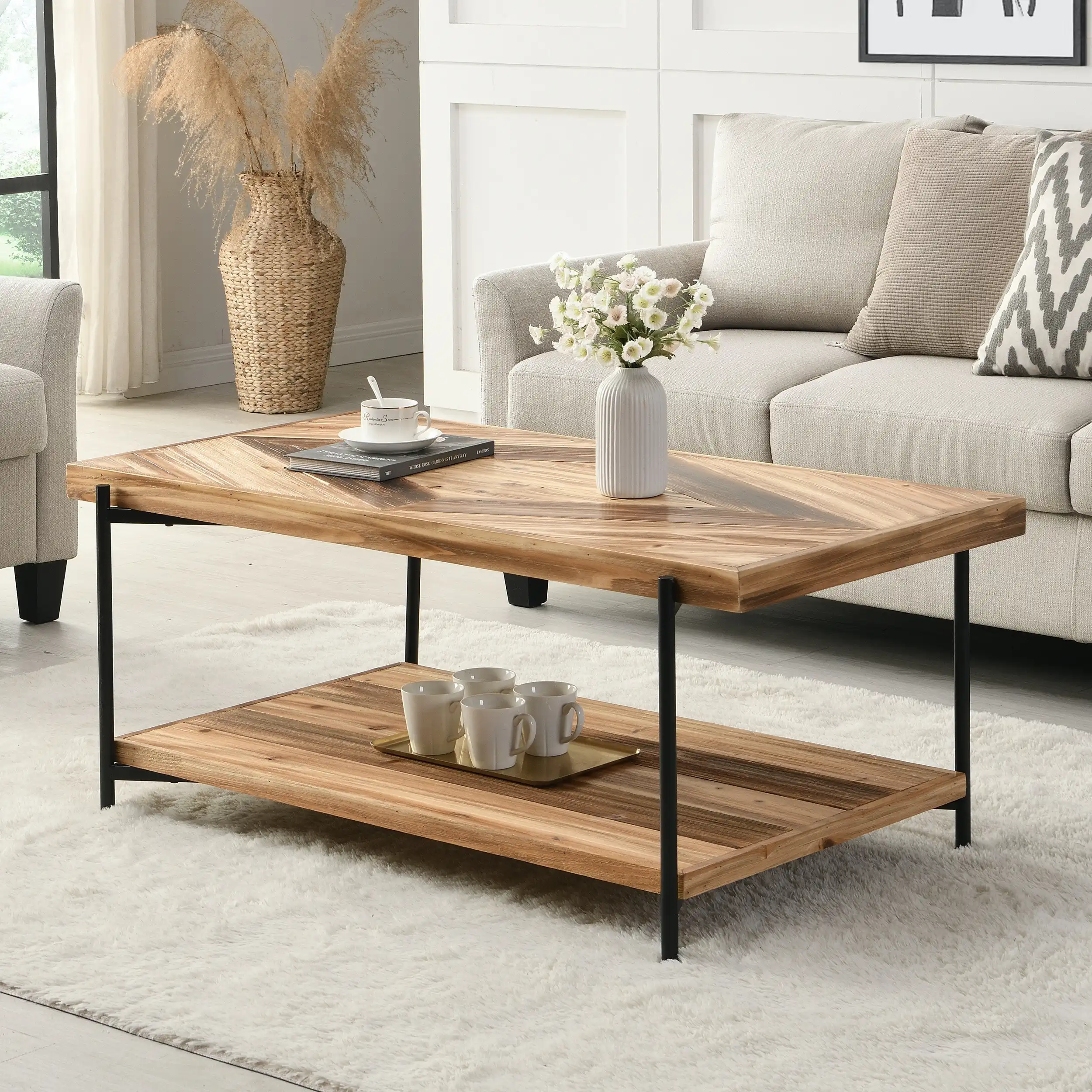 IHOMDEC 2-Tier Rectangle Metal & Fir Wood Coffee Table with Top Unique Diamond Pattern Brown