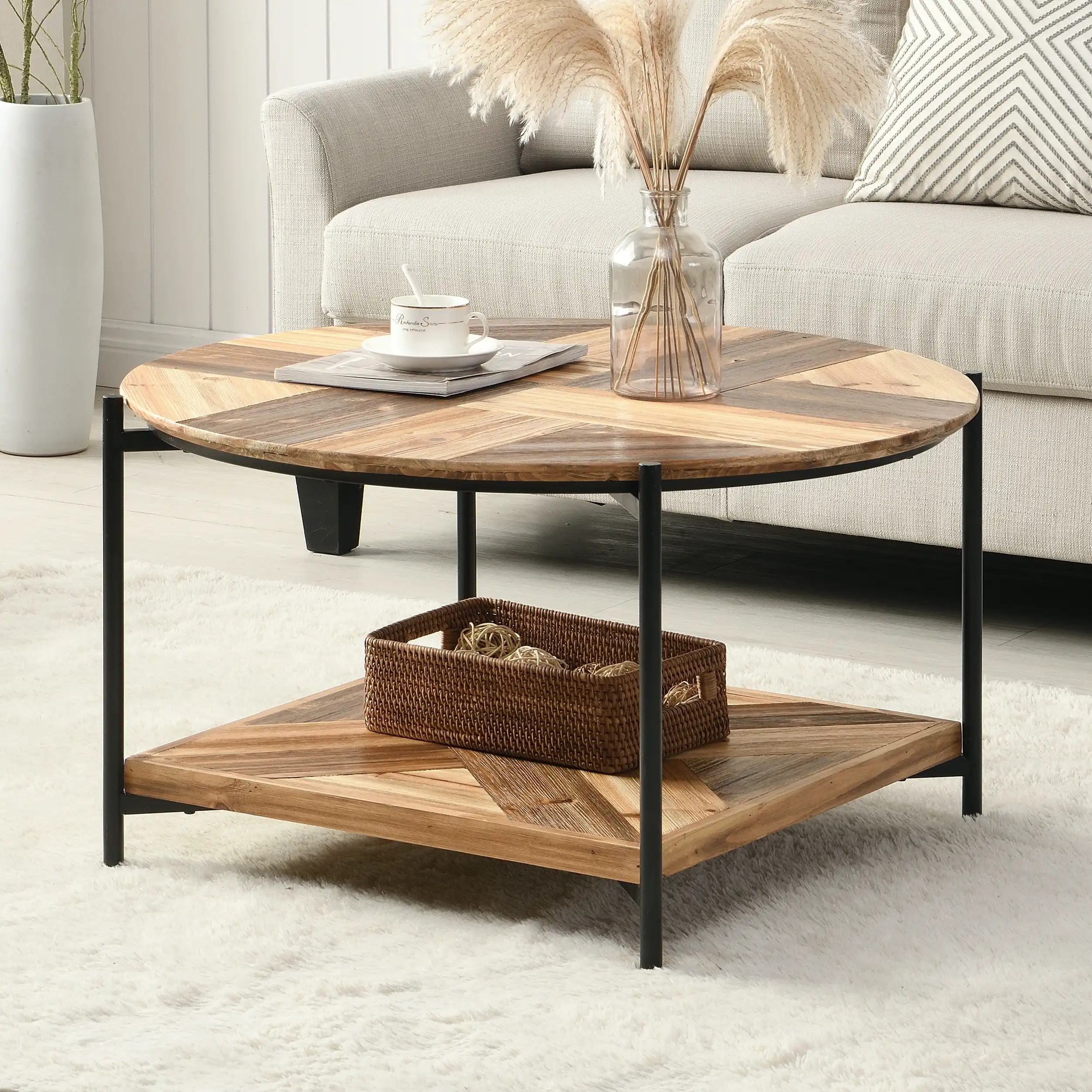 IHOMDEC 2-Tier Industrial Wooden Coffee Table with 4 metal legs Brown