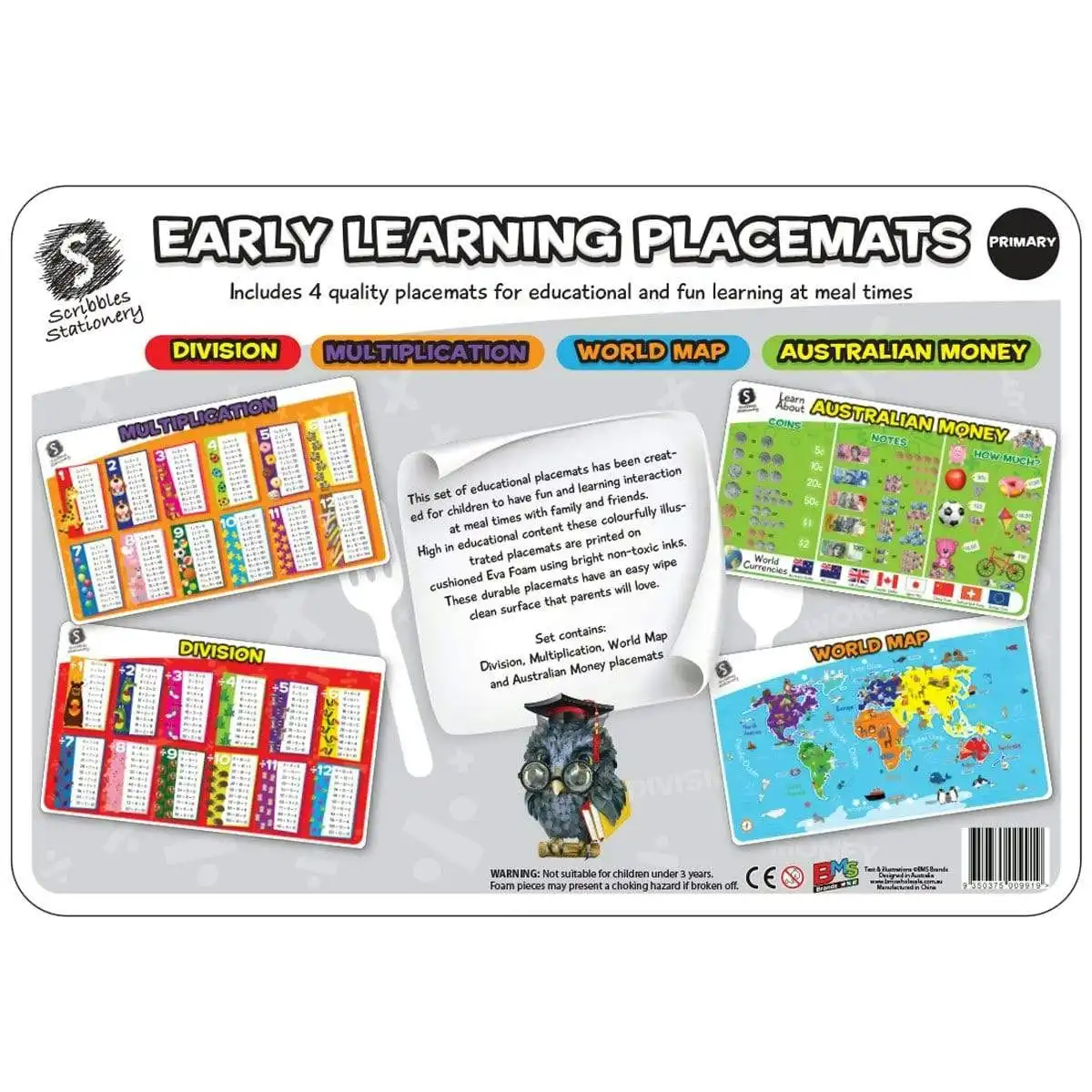 Primary Early Learning Educational Placemats 4 Pack