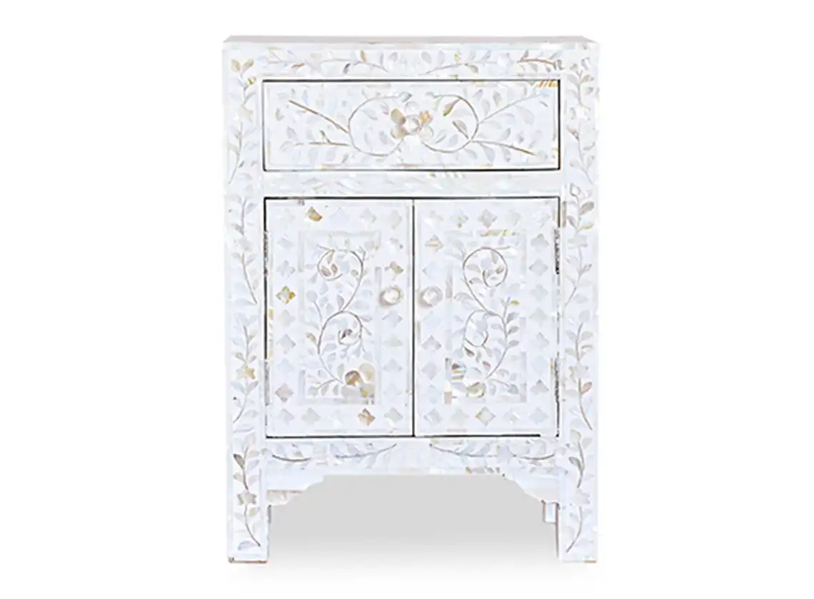 Zohi Interiors Mother of Pearl Inlay Bedside Cabinet in White