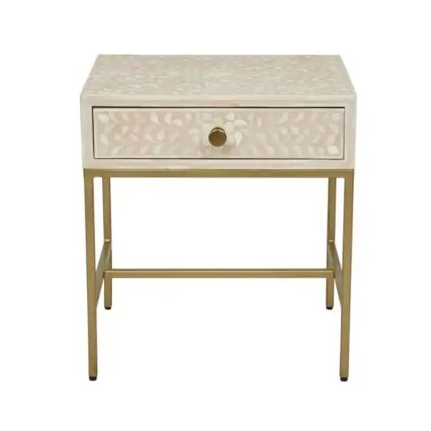 Zohi Interiors Bone Inlay Lorelle Bedside Table with Brass Legs in Blush