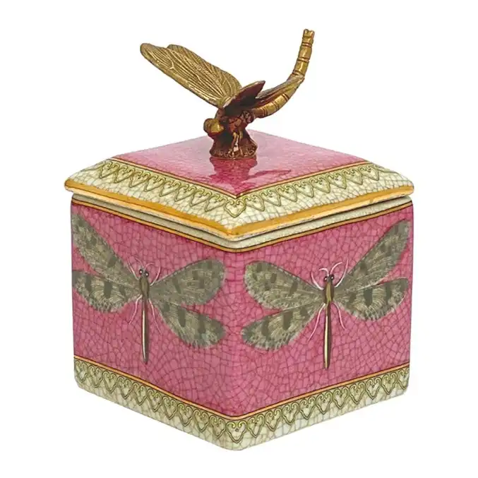 Singa Brass & Ceramic Porcelain Dragonfly Trinket Box