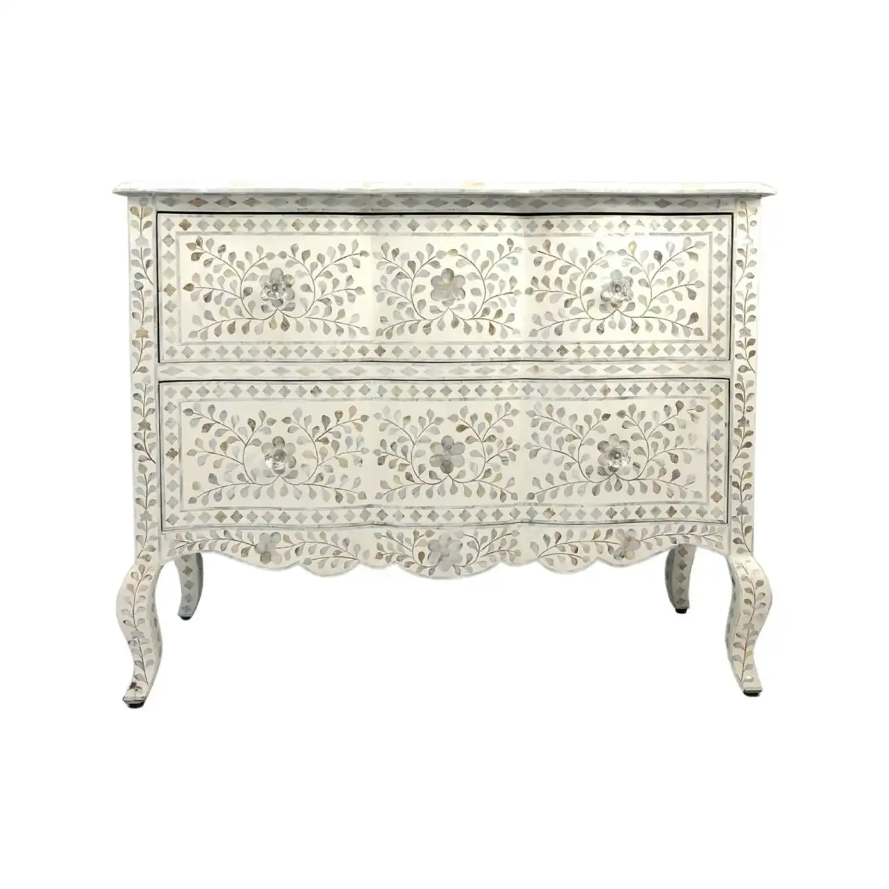 Zohi Interiors Mother of Pearl Inlay Provincial 2 Drawer Dresser in White