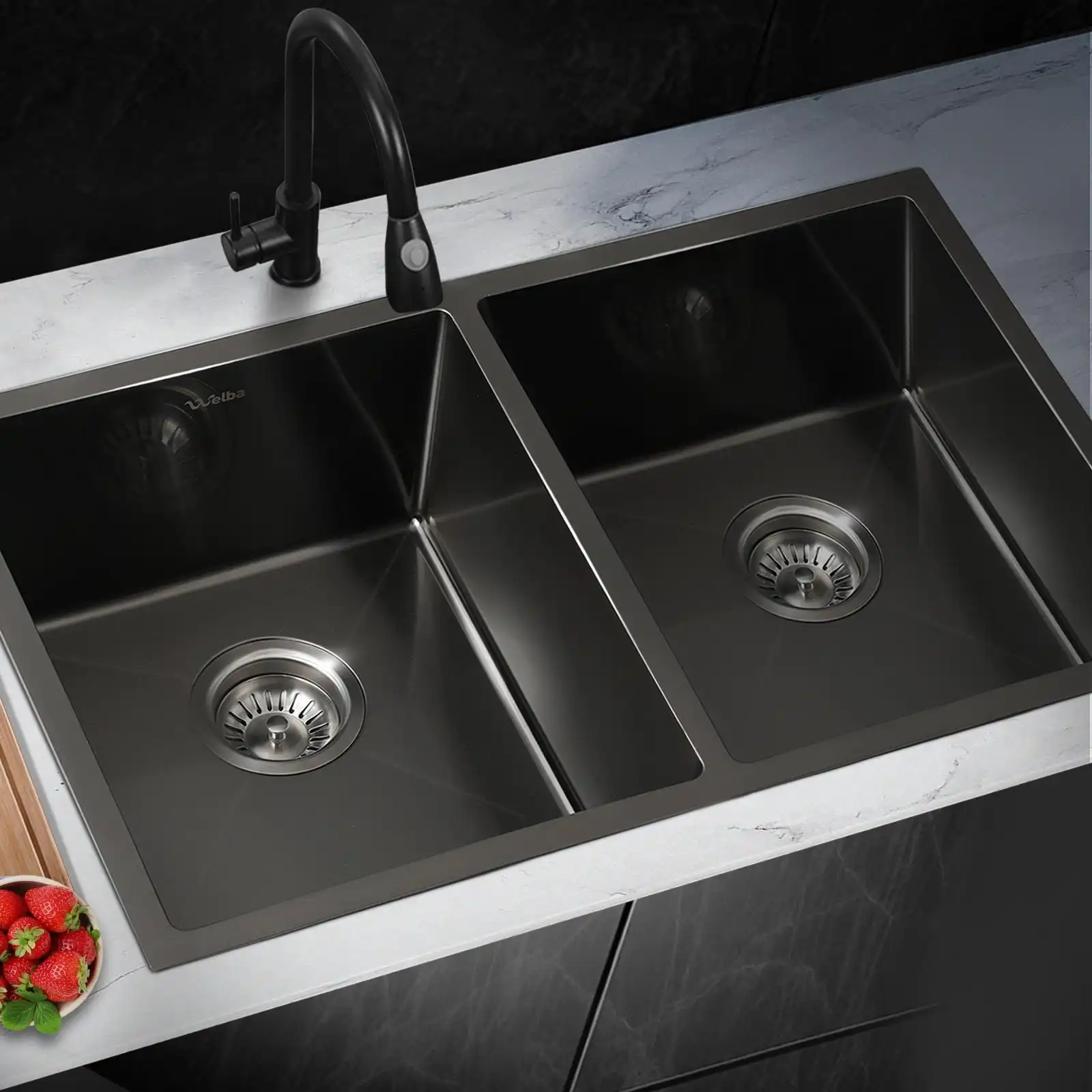Welba Kitchen Sink Stainless Steel Basin Double Under/Top/Flush Mount Black