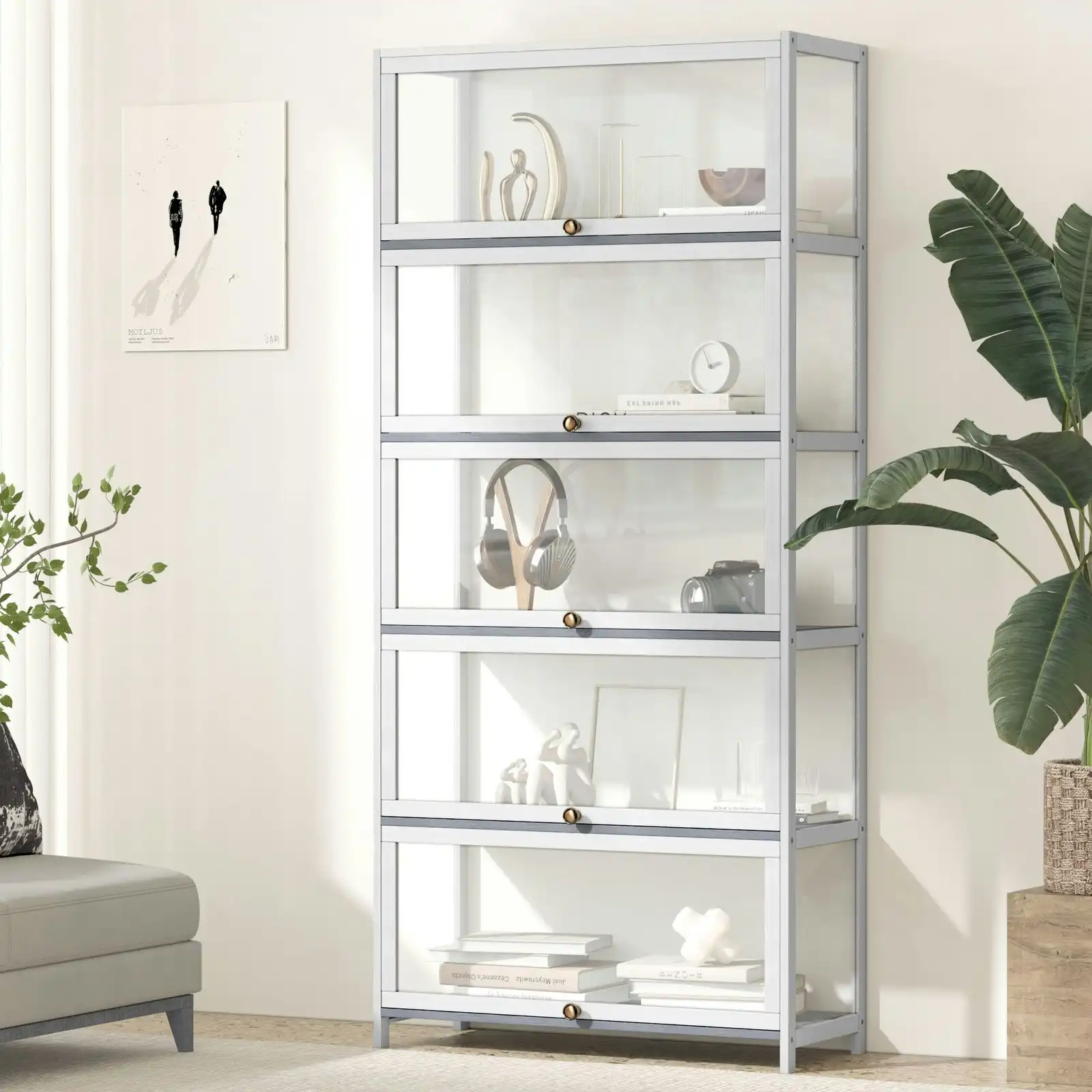 Oikiture Display Cabinet Storage 5-Tier Shelves Clear Bookcase Sideboard White