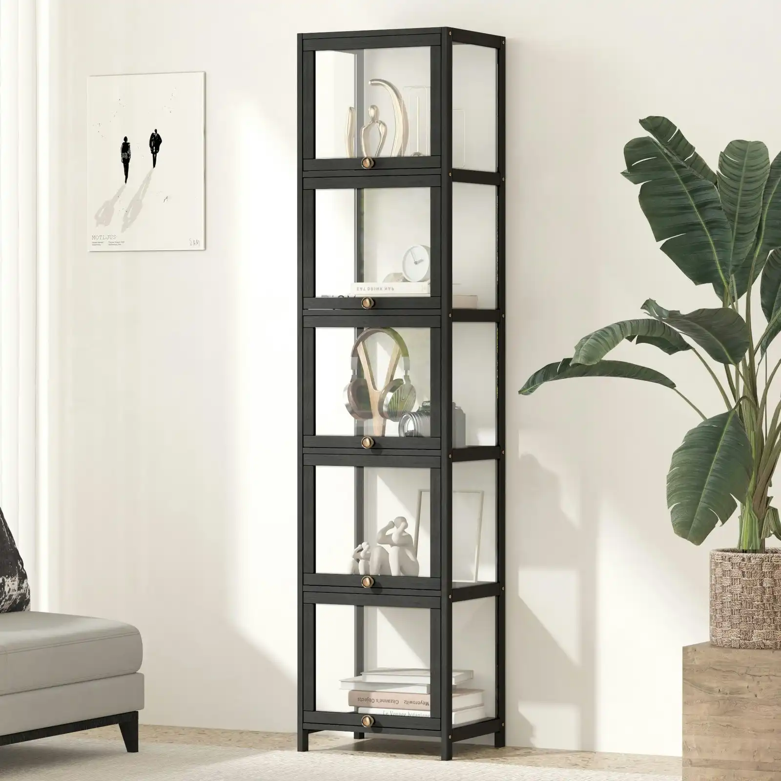 Oikiture Display Cabinet Slim Storage 5-Tier Shelves Clear Bookcase Rack Black