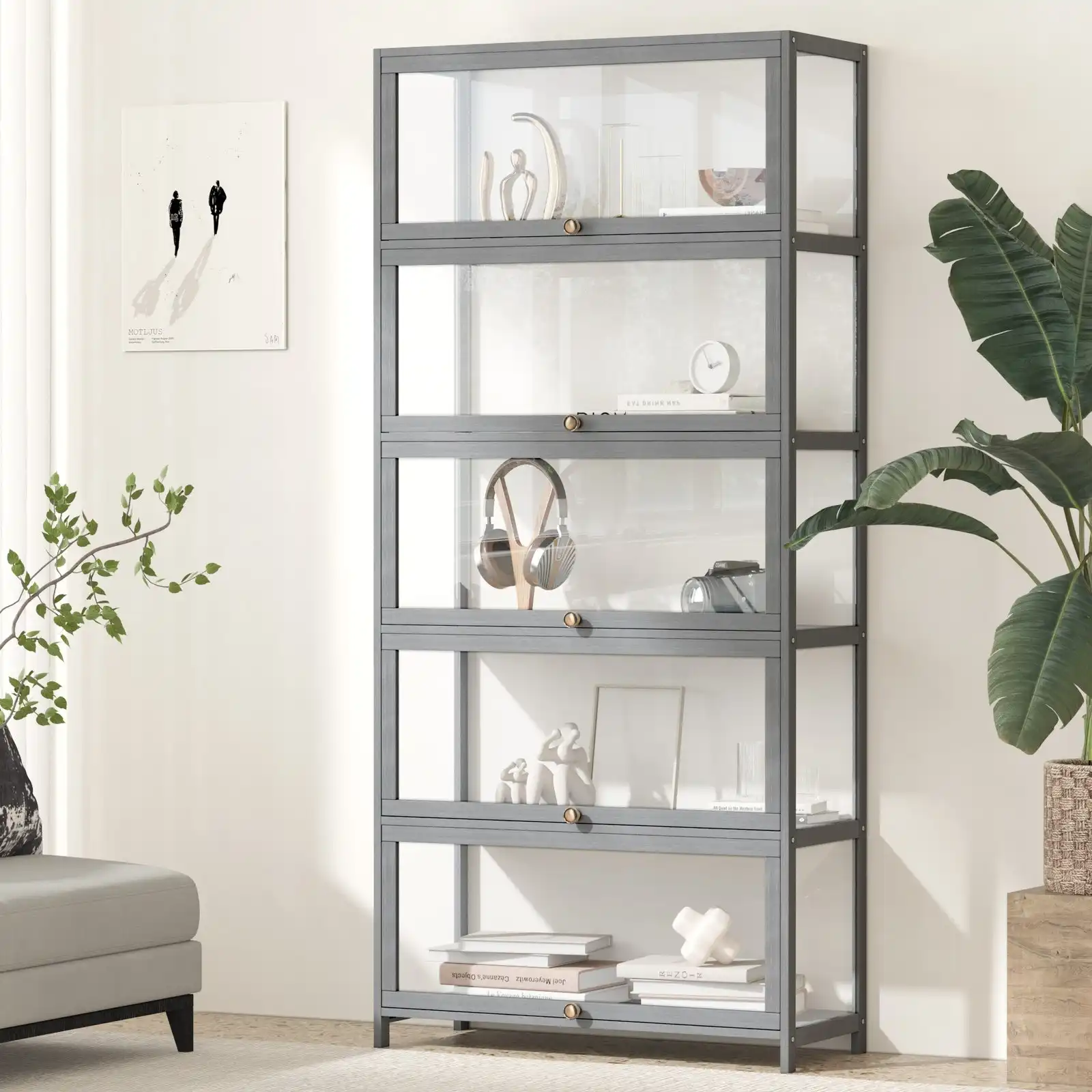 Oikiture Display Cabinet Storage 5-Tier Shelves Clear Bookcase Sideboard Grey