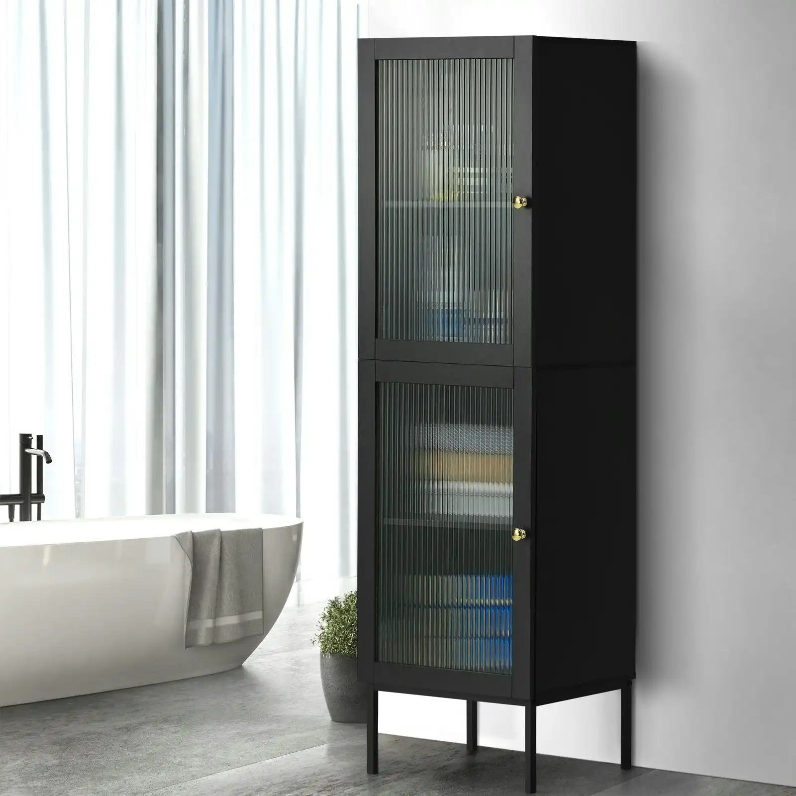 Oikiture Bathroom Cabinet Storage Tall Slim Cupboard Tempered Glass Door Black